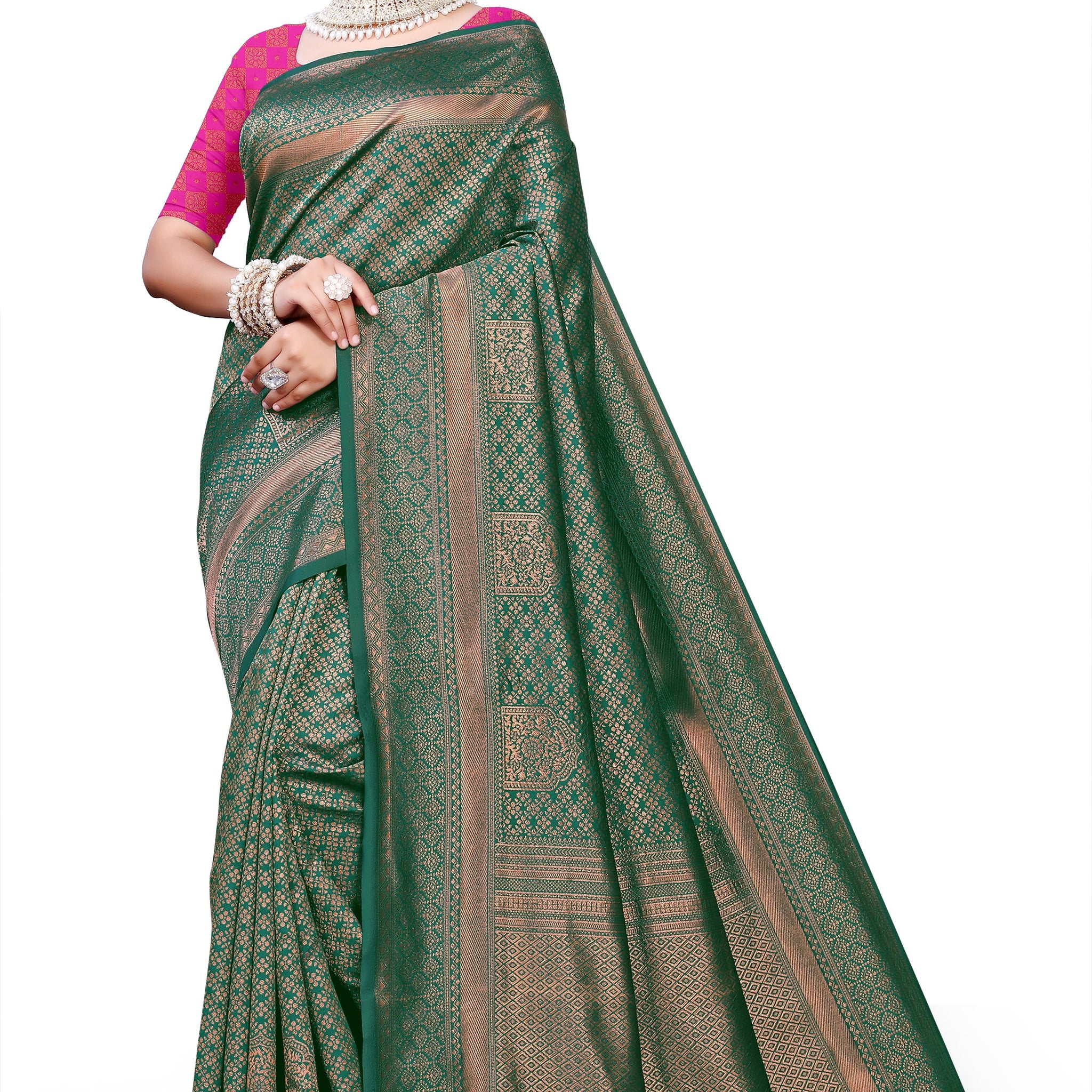 Owlsky Women's Kanjivaram Silk Saree Soft Banarasi Style with Golden & Silver Zari Border | Elegant Silk Look Saree with Unstitched Blouse Piece Bottle Green