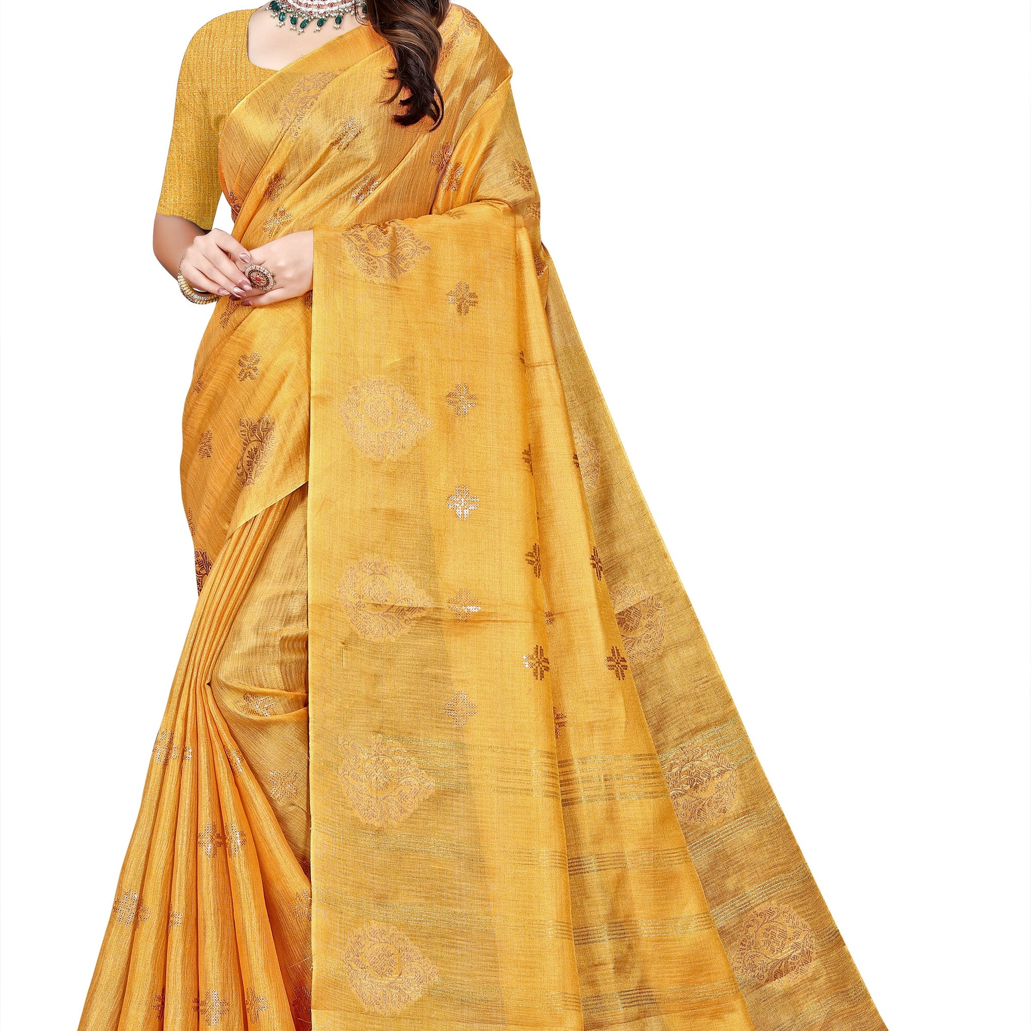 OWLSKY, SASSY & STYLO Women's Elegant Linen Weaving Saree with Unstitched Blouse Piece Golden