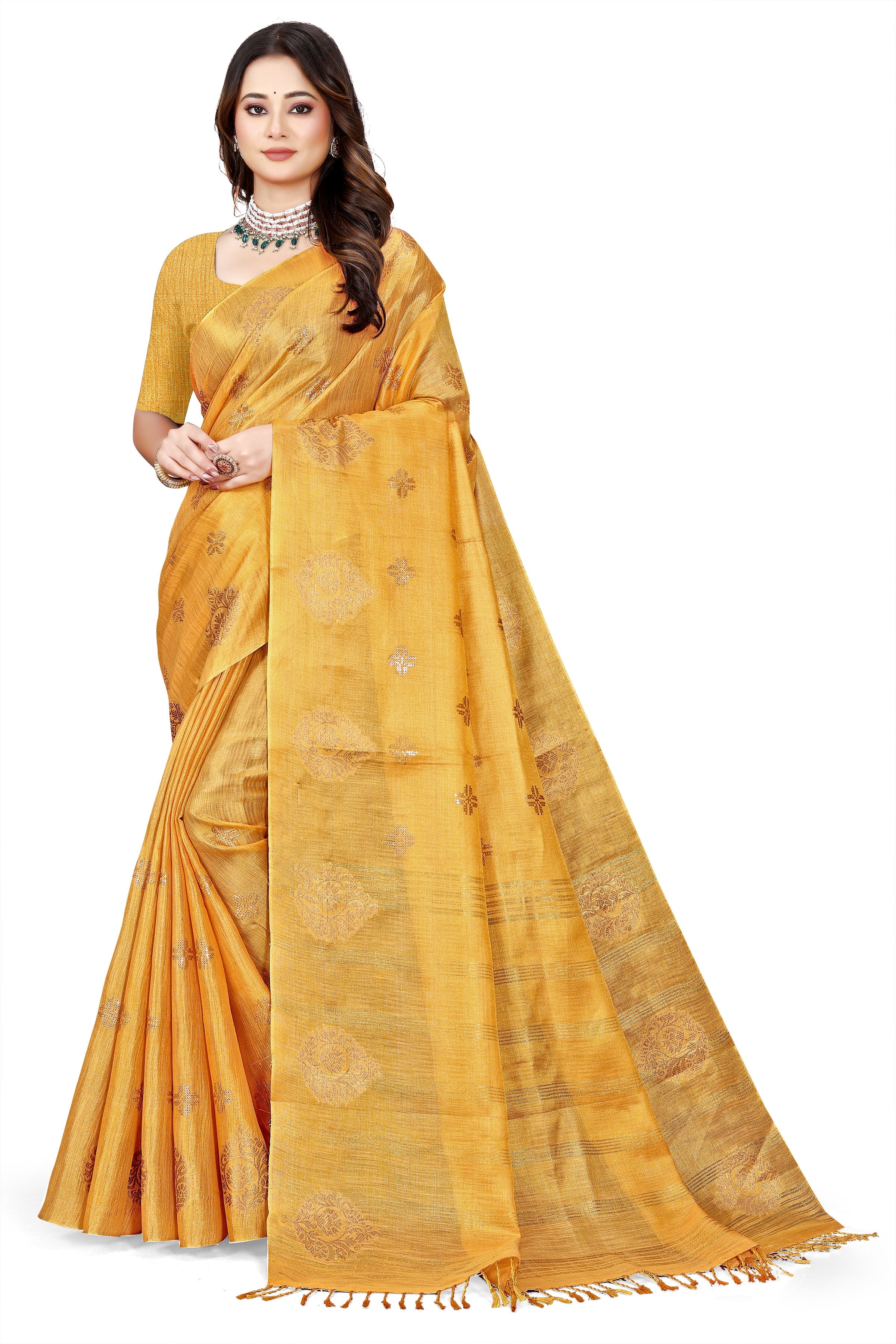 OWLSKY, SASSY & STYLO Women's Elegant Linen Weaving Saree with Unstitched Blouse Piece Golden