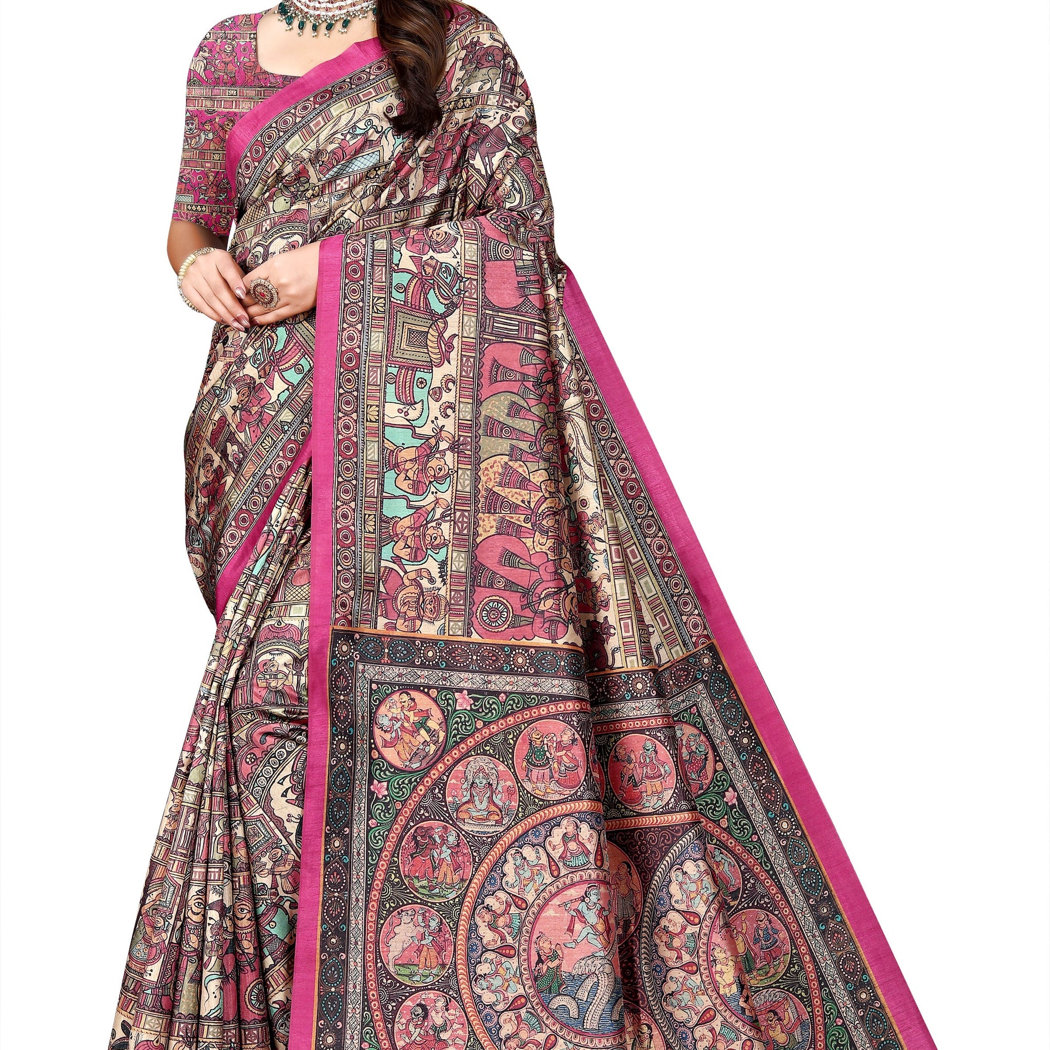 Madhubani Print Manipuri Silk Saree for Women | Indian Ethnic Party & Casual Wear | Unstitched Blouse Included Pink