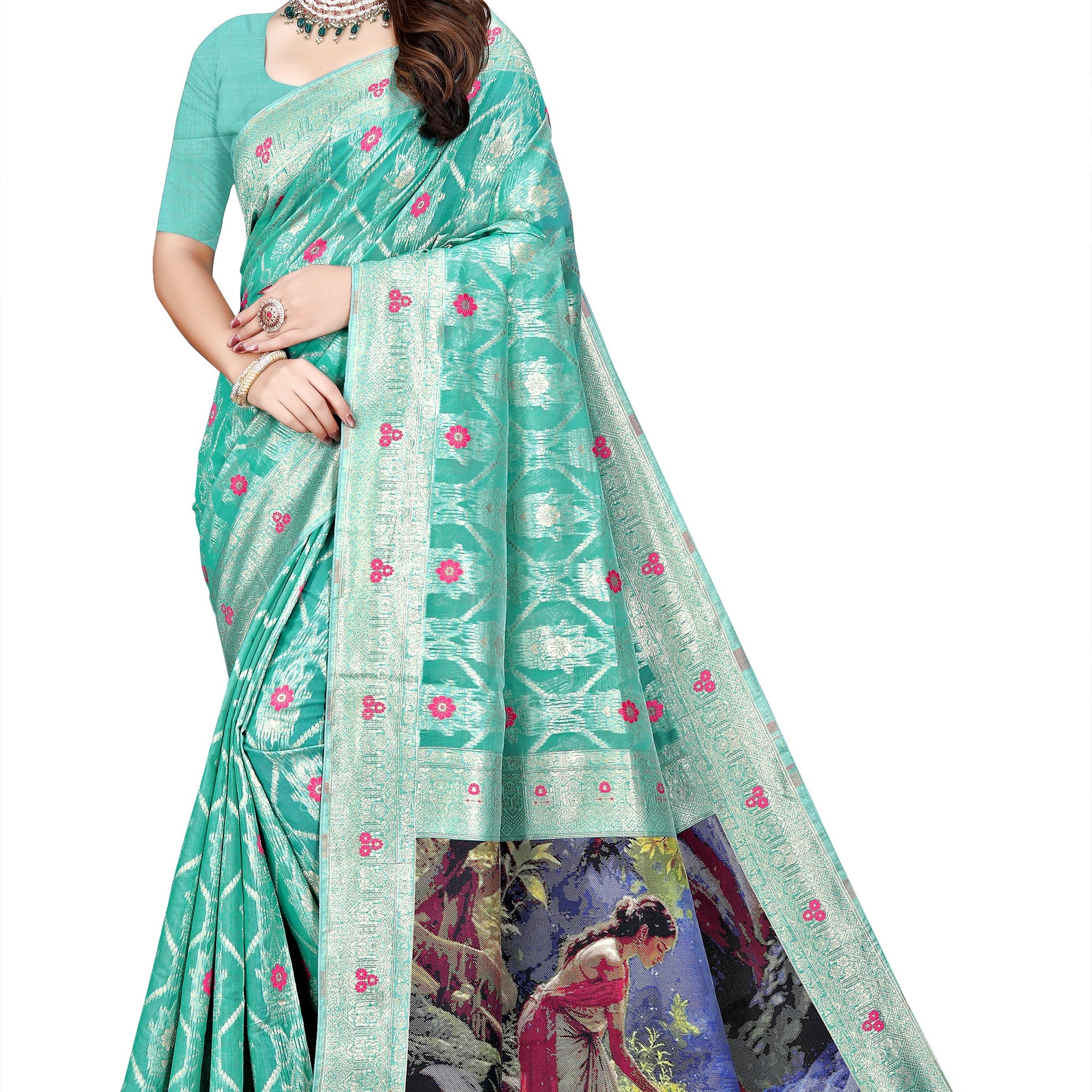 OWLSKY, SASSY & STYLO Jacquard Saree for Women | Elegant Weaving Work | Jacquard Silk Saree with Unstitched Blouse for Women | Unique Digital Pallu Art Sea Green