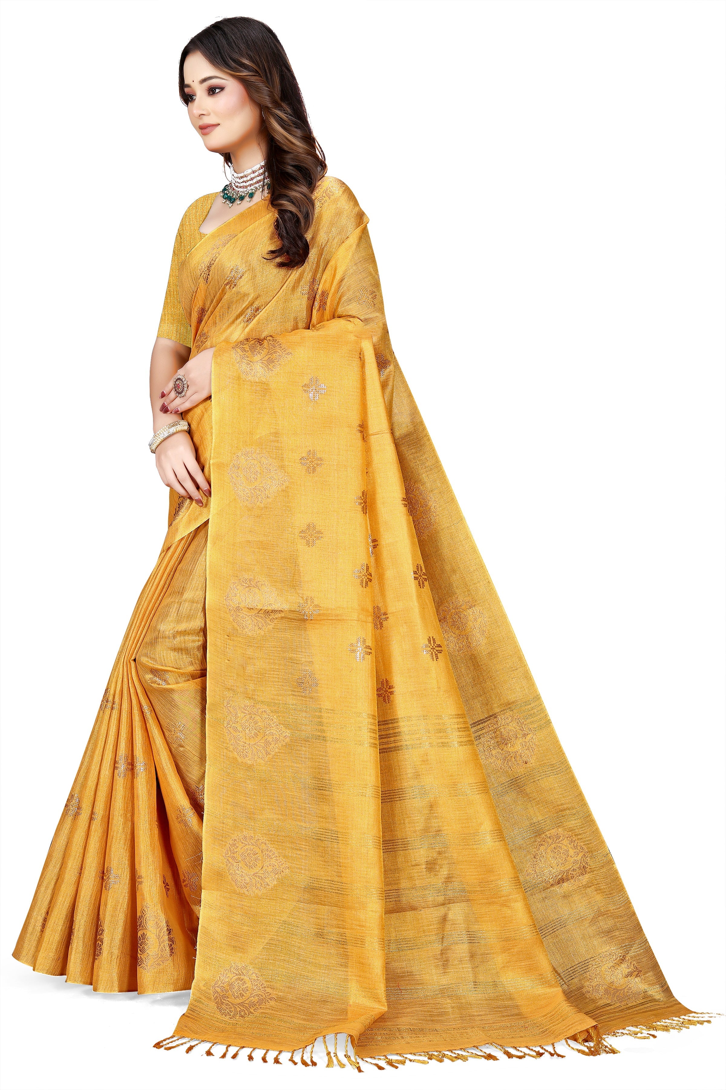 OWLSKY, SASSY & STYLO Women's Elegant Linen Weaving Saree with Unstitched Blouse Piece Golden