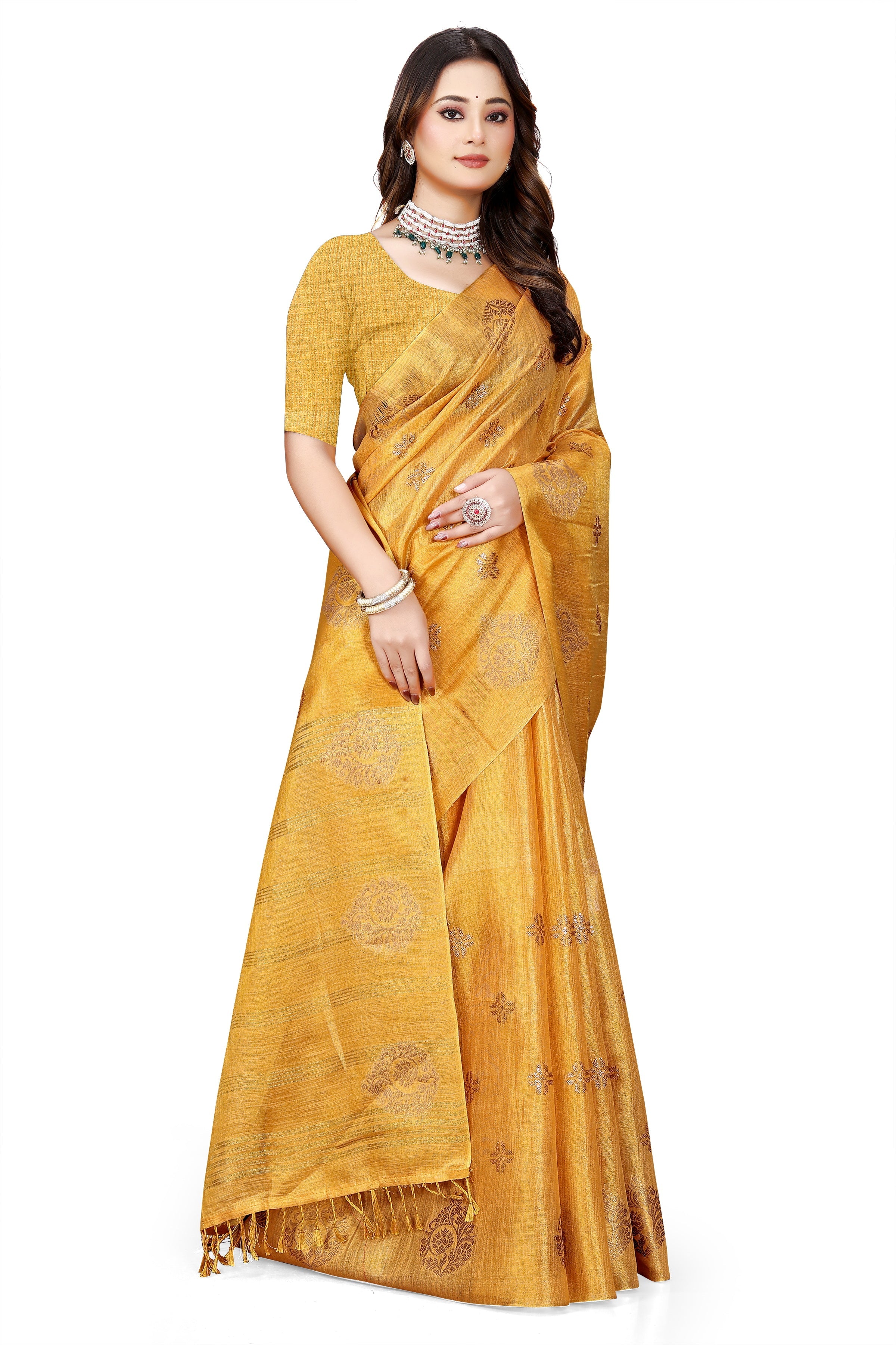OWLSKY, SASSY & STYLO Women's Elegant Linen Weaving Saree with Unstitched Blouse Piece Golden