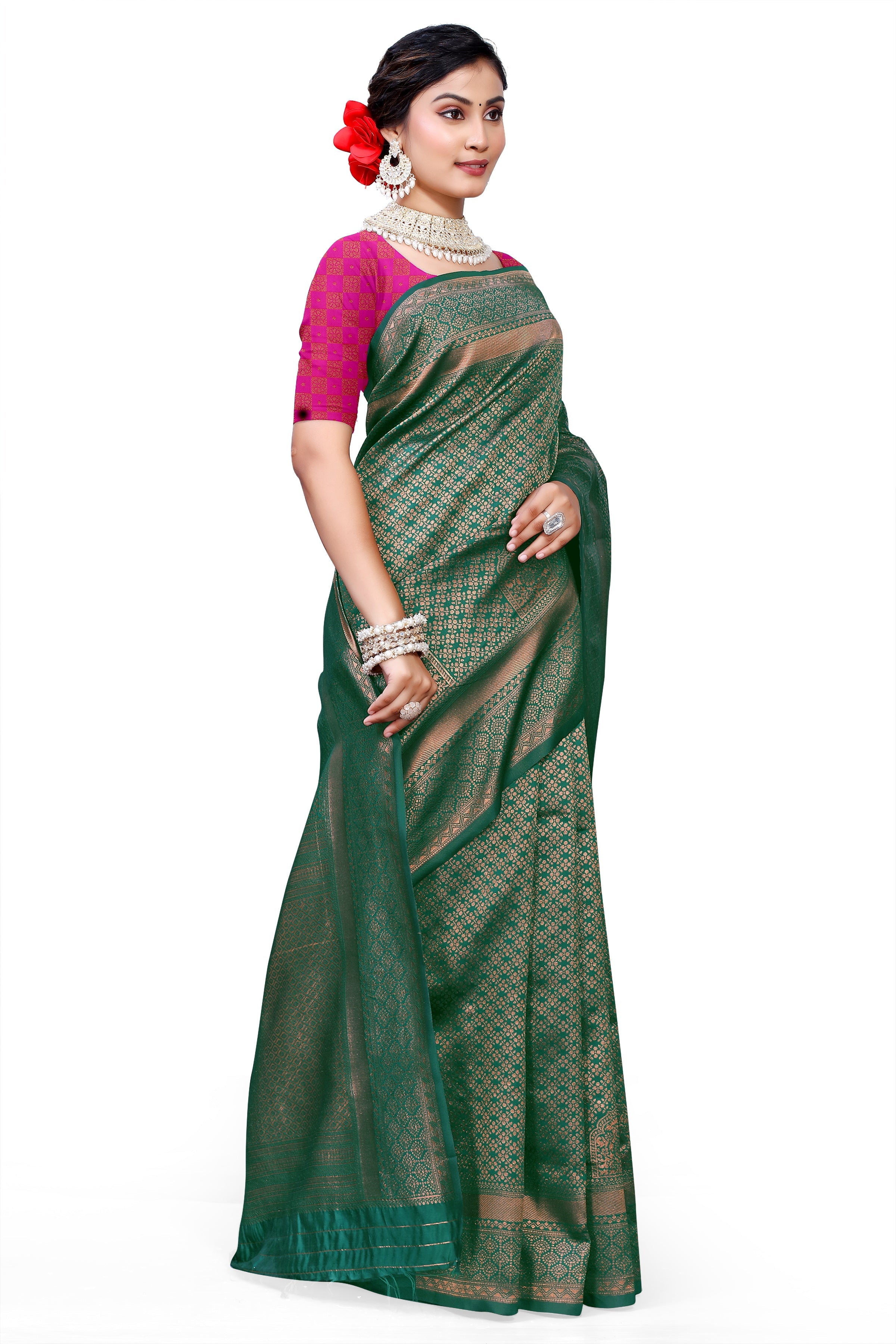 Owlsky Women's Kanjivaram Silk Saree Soft Banarasi Style with Golden & Silver Zari Border | Elegant Silk Look Saree with Unstitched Blouse Piece Bottle Green