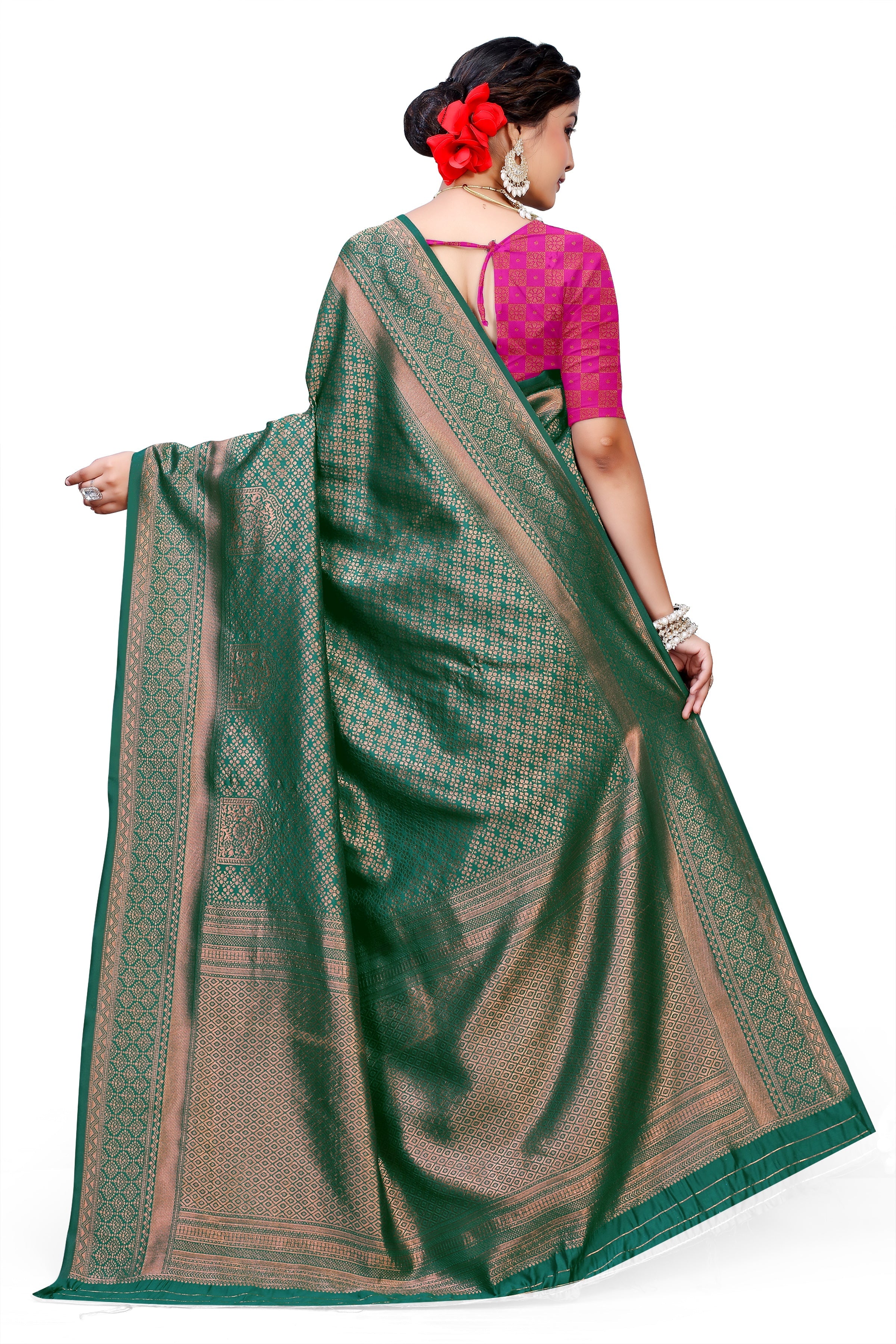 Owlsky Women's Kanjivaram Silk Saree Soft Banarasi Style with Golden & Silver Zari Border | Elegant Silk Look Saree with Unstitched Blouse Piece Bottle Green