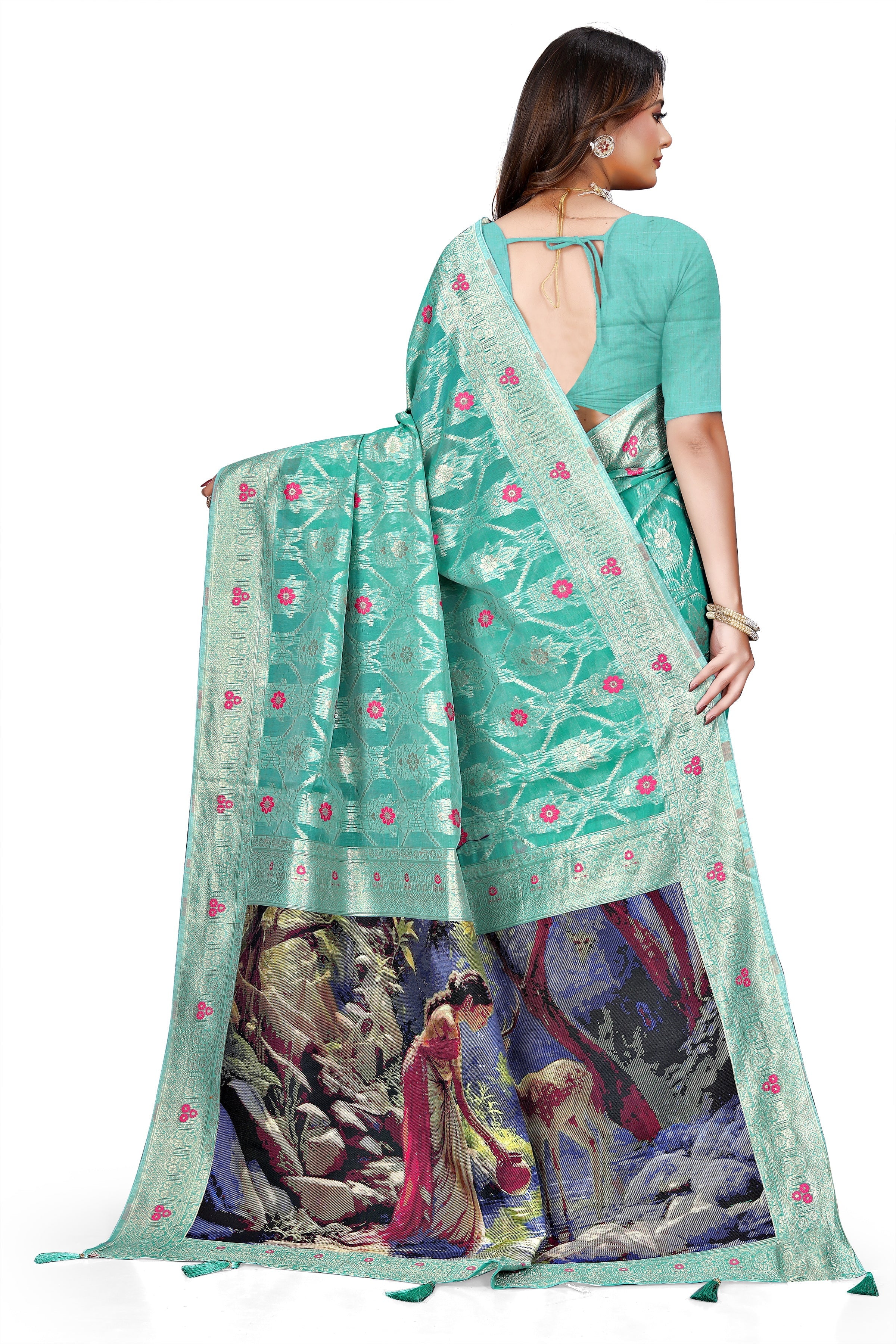 OWLSKY, SASSY & STYLO Jacquard Saree for Women | Elegant Weaving Work | Jacquard Silk Saree with Unstitched Blouse for Women | Unique Digital Pallu Art Sea Green