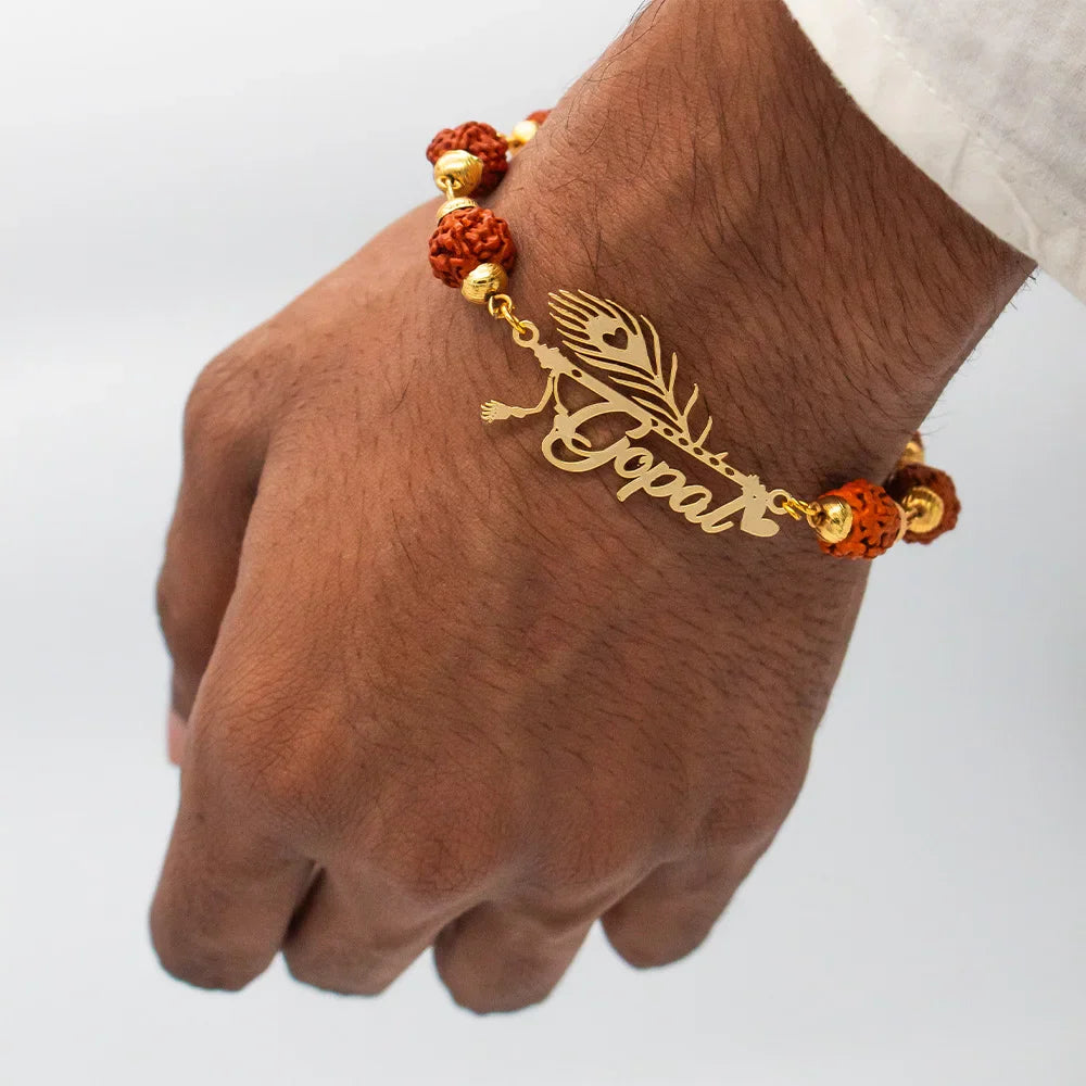 Personalized Rakhi - Rudraksha Bracelet with Morpankh Design