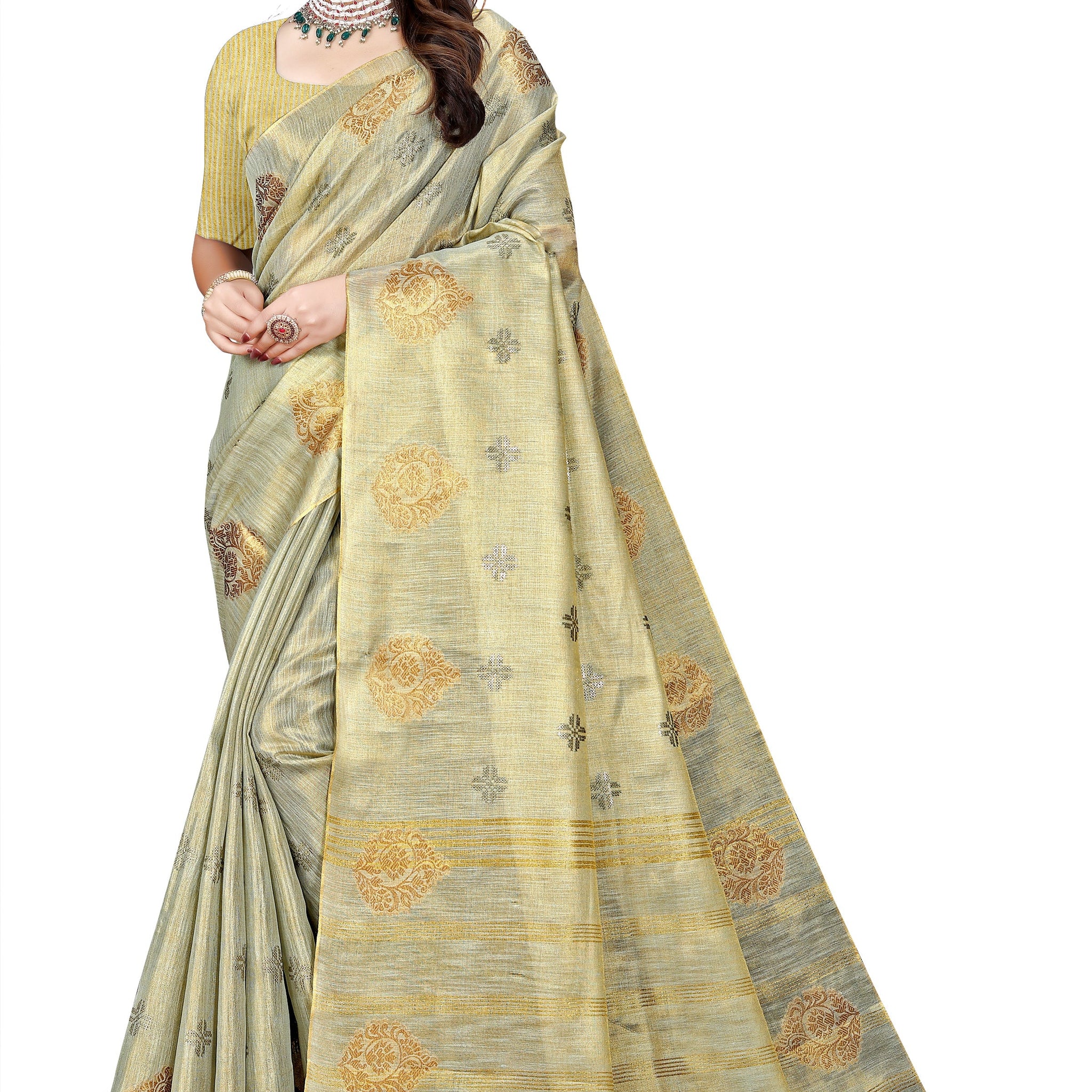 OWLSKY, SASSY & STYLO Women's Elegant Linen Weaving Saree with Unstitched Blouse Piece Light Gold