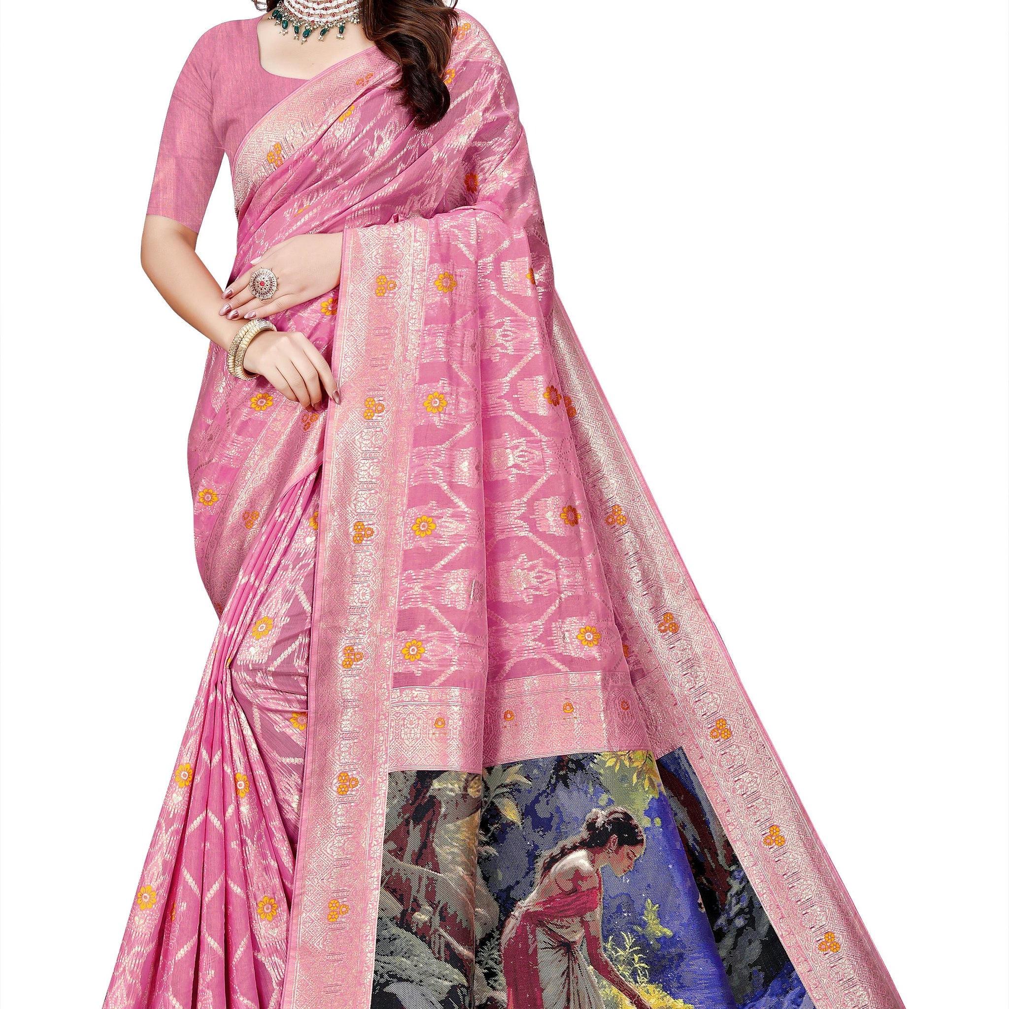 OWLSKY, SASSY & STYLO Jacquard Saree for Women | Elegant Weaving Work | Jacquard Silk Saree with Unstitched Blouse for Women | Unique Digital Pallu Art Pink