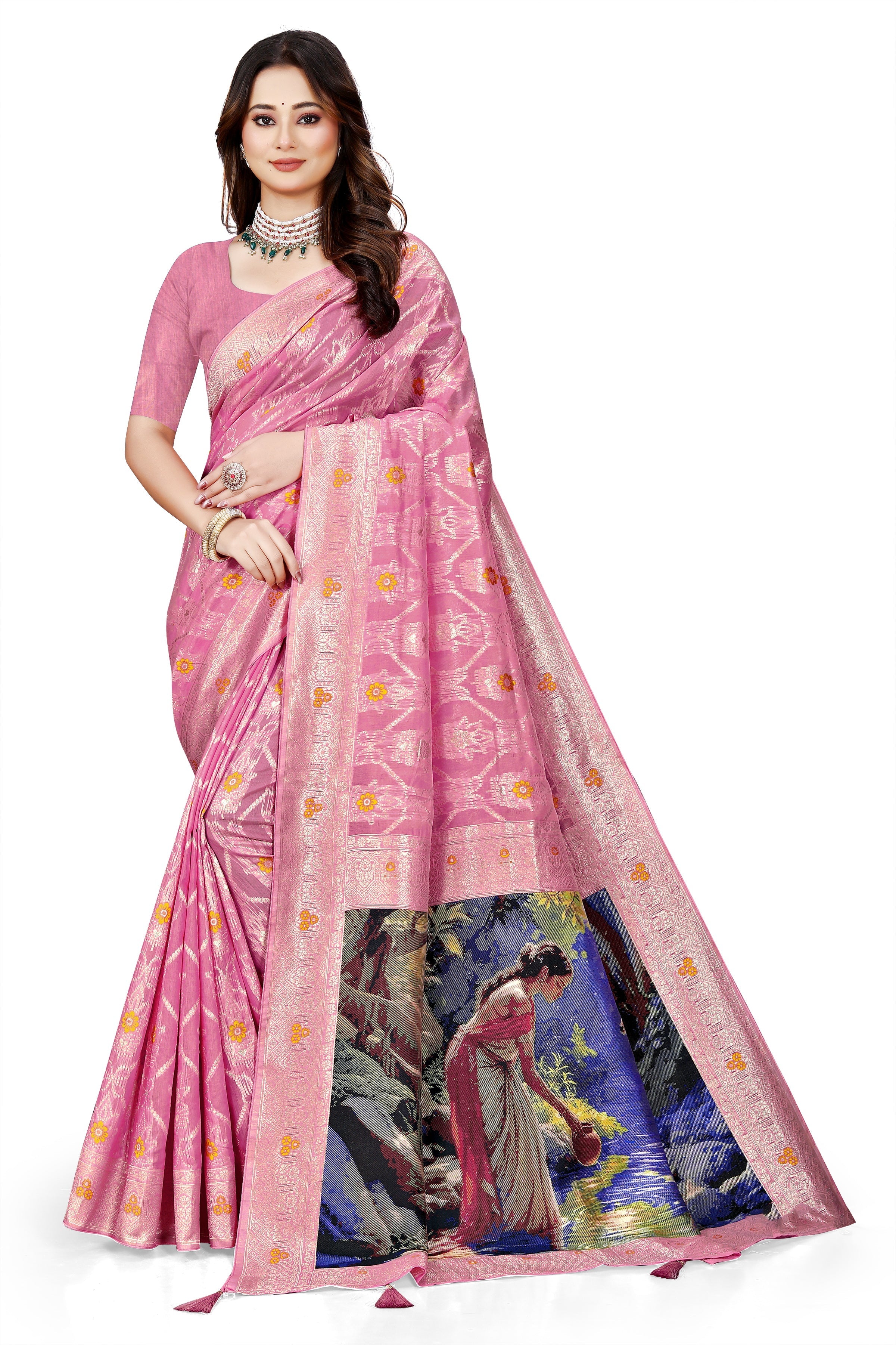 OWLSKY, SASSY & STYLO Jacquard Saree for Women | Elegant Weaving Work | Jacquard Silk Saree with Unstitched Blouse for Women | Unique Digital Pallu Art Pink