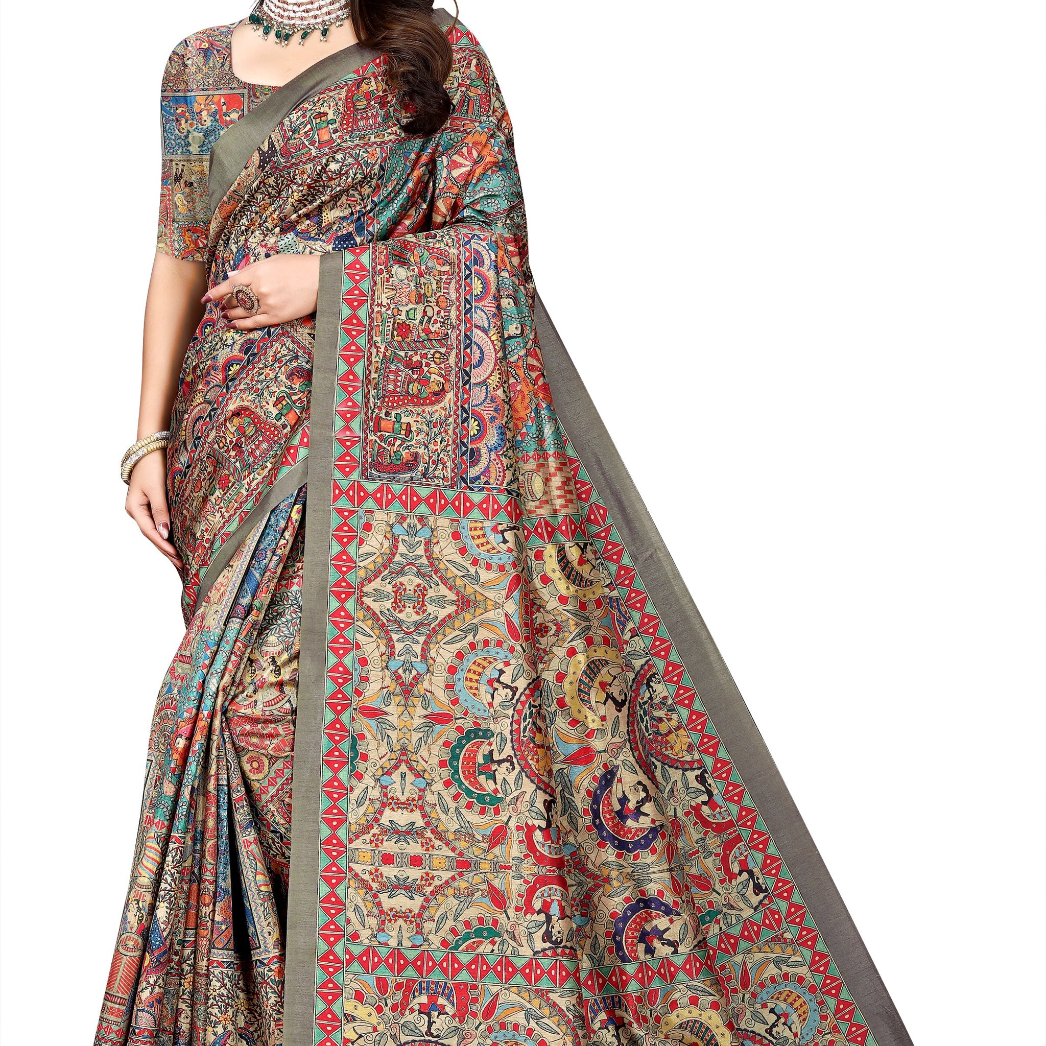 Madhubani Print Manipuri Silk Saree for Women | Indian Ethnic Party & Casual Wear | Unstitched Blouse Included Brown