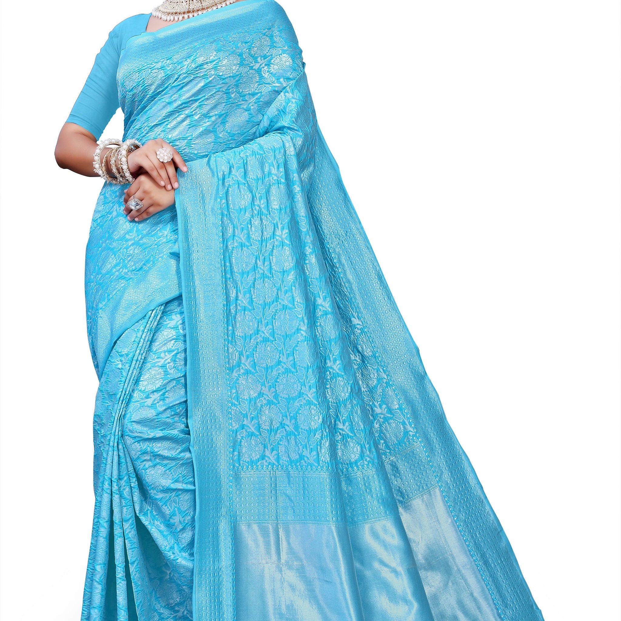 Owl Sky Kanjivaram Cotton Silk Saree for Women with Zari Border | Traditional Indian Saree with Unstitched Blouse Piece | Lightweight Festival Wear Saree | Elegant Soft Cotton Silk Saree Sky Blue