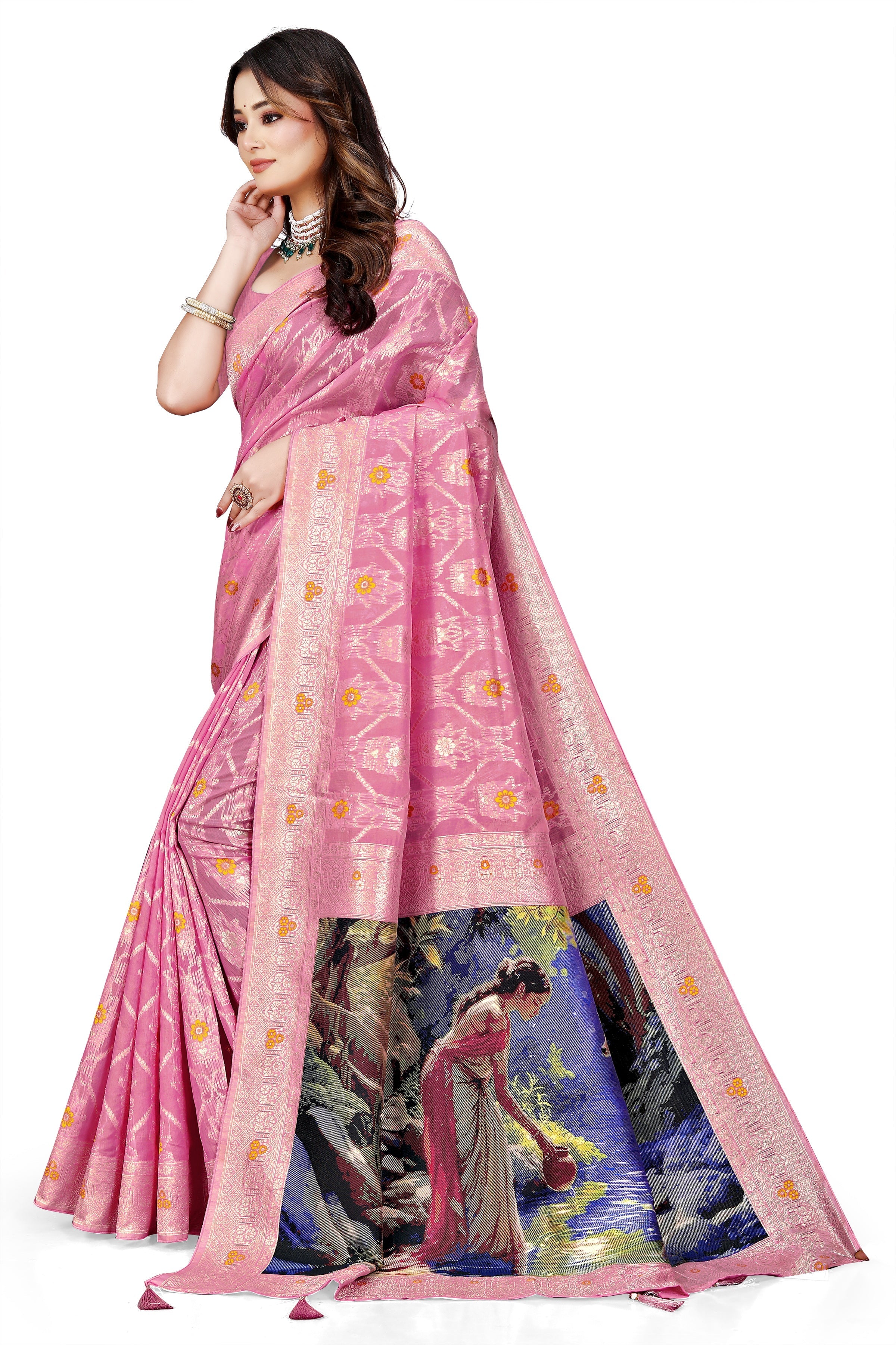 OWLSKY, SASSY & STYLO Jacquard Saree for Women | Elegant Weaving Work | Jacquard Silk Saree with Unstitched Blouse for Women | Unique Digital Pallu Art Pink
