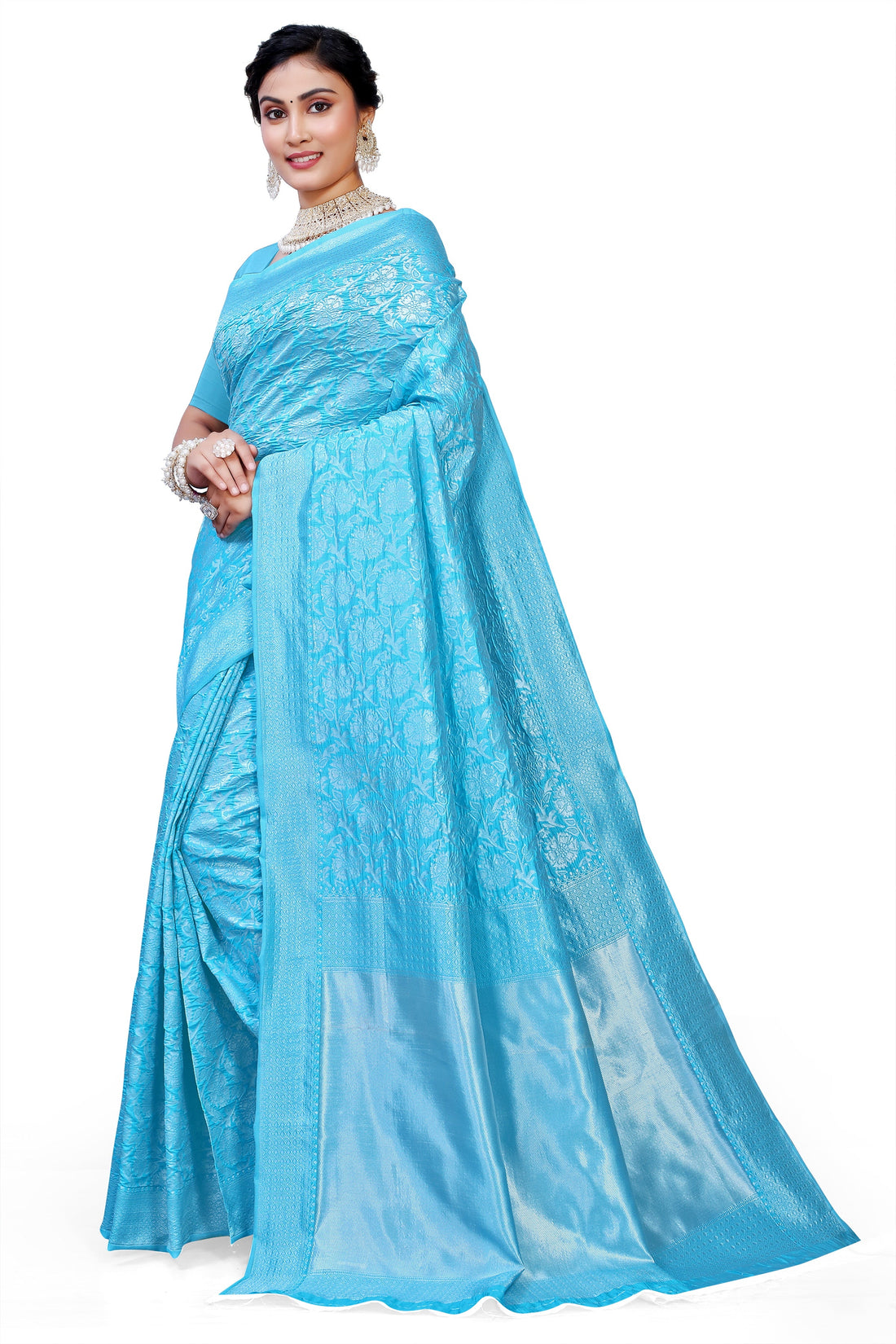 Owl Sky Kanjivaram Cotton Silk Saree for Women with Zari Border | Traditional Indian Saree with Unstitched Blouse Piece | Lightweight Festival Wear Saree | Elegant Soft Cotton Silk Saree Sky Blue