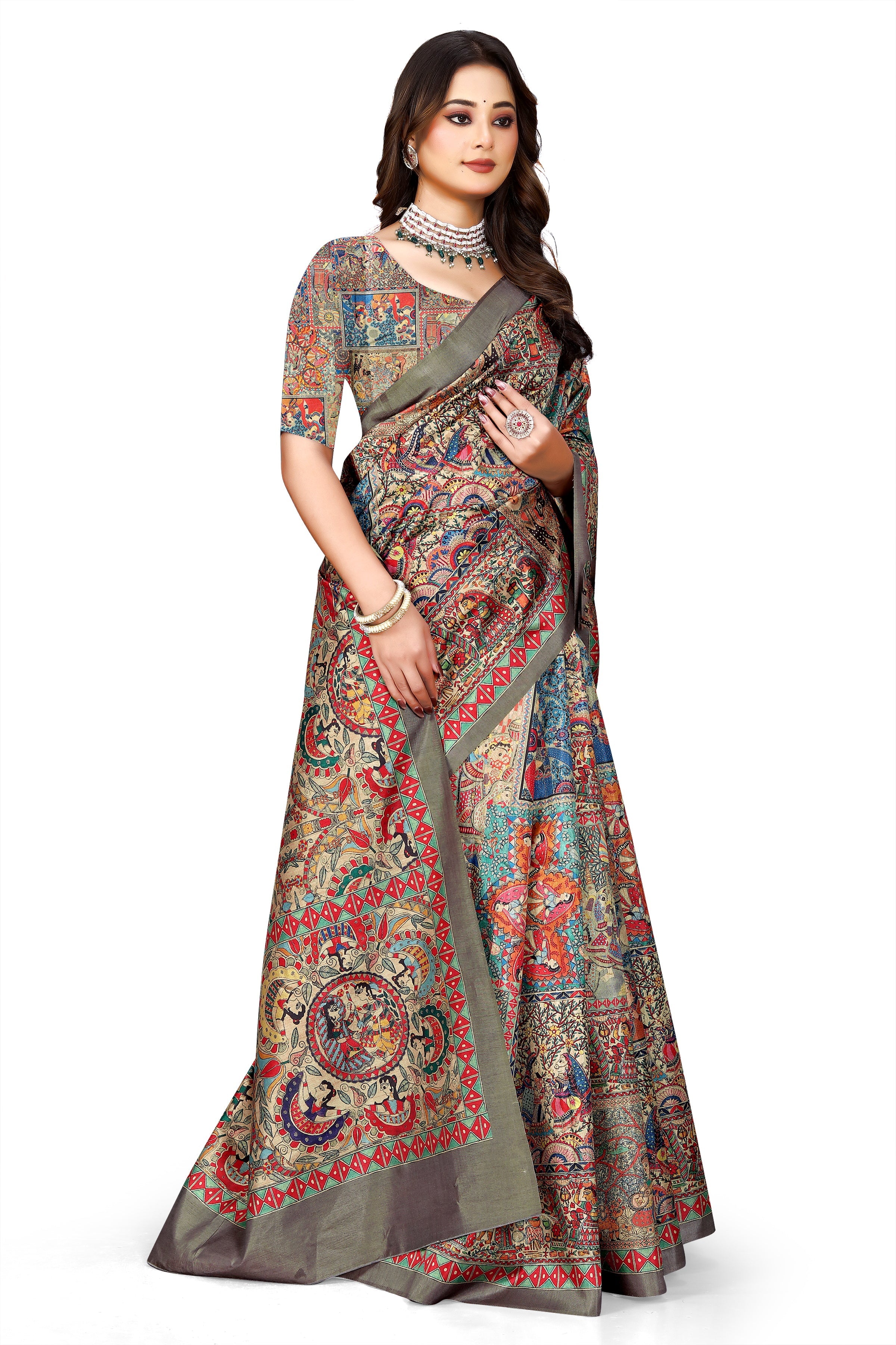 Madhubani Print Manipuri Silk Saree for Women | Indian Ethnic Party & Casual Wear | Unstitched Blouse Included Brown