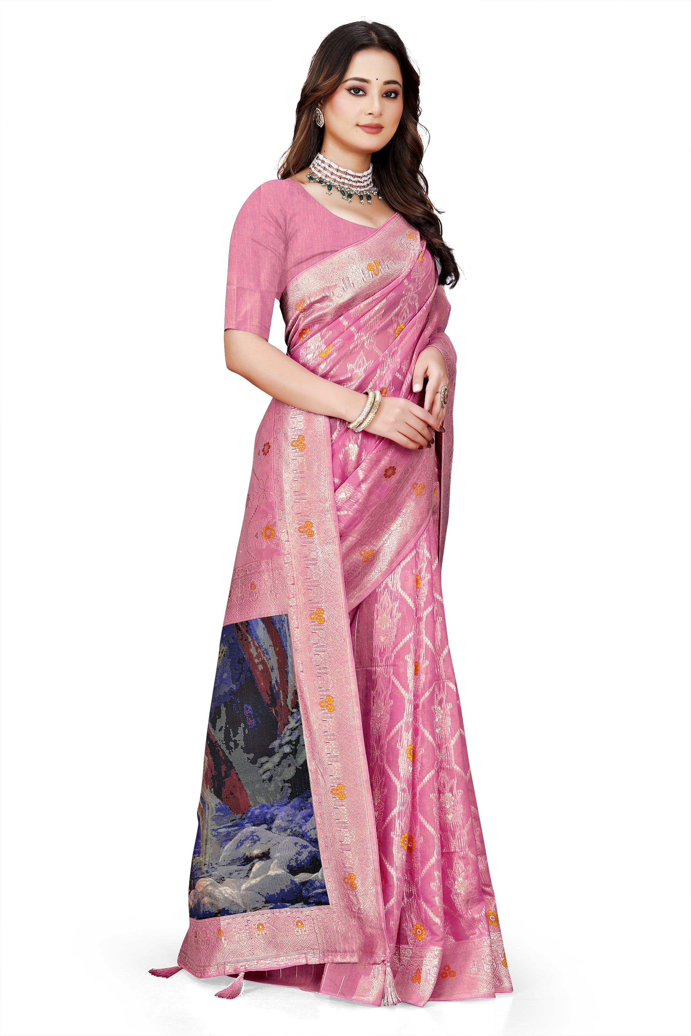 OWLSKY, SASSY & STYLO Jacquard Saree for Women | Elegant Weaving Work | Jacquard Silk Saree with Unstitched Blouse for Women | Unique Digital Pallu Art Pink