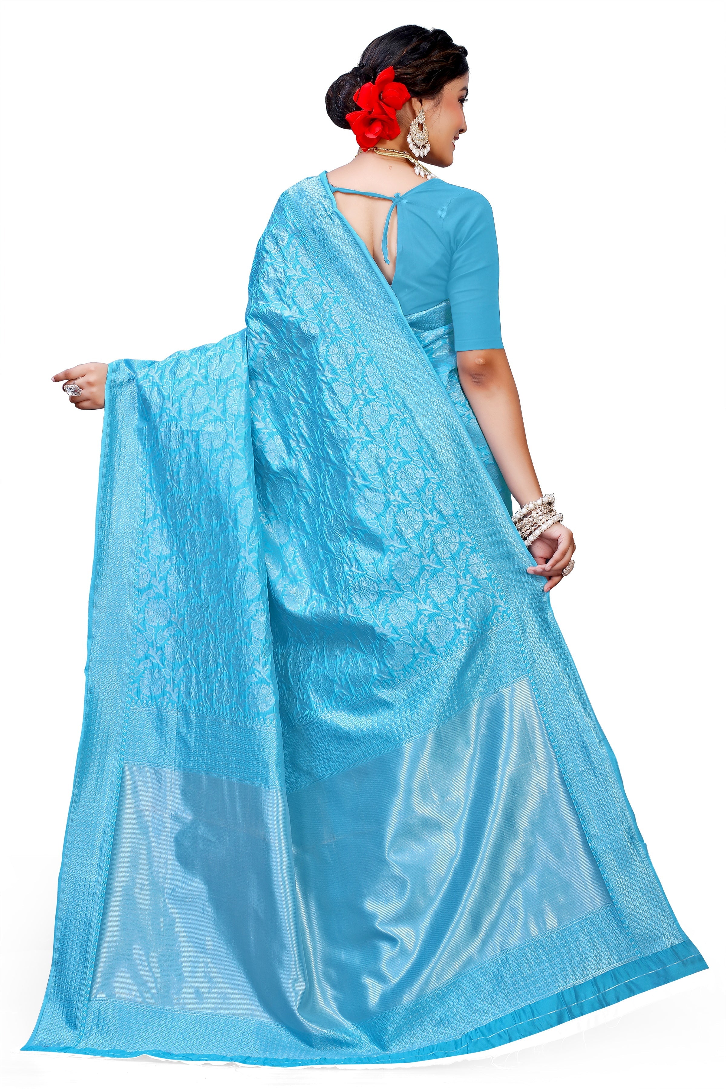 Owl Sky Kanjivaram Cotton Silk Saree for Women with Zari Border | Traditional Indian Saree with Unstitched Blouse Piece | Lightweight Festival Wear Saree | Elegant Soft Cotton Silk Saree Sky Blue