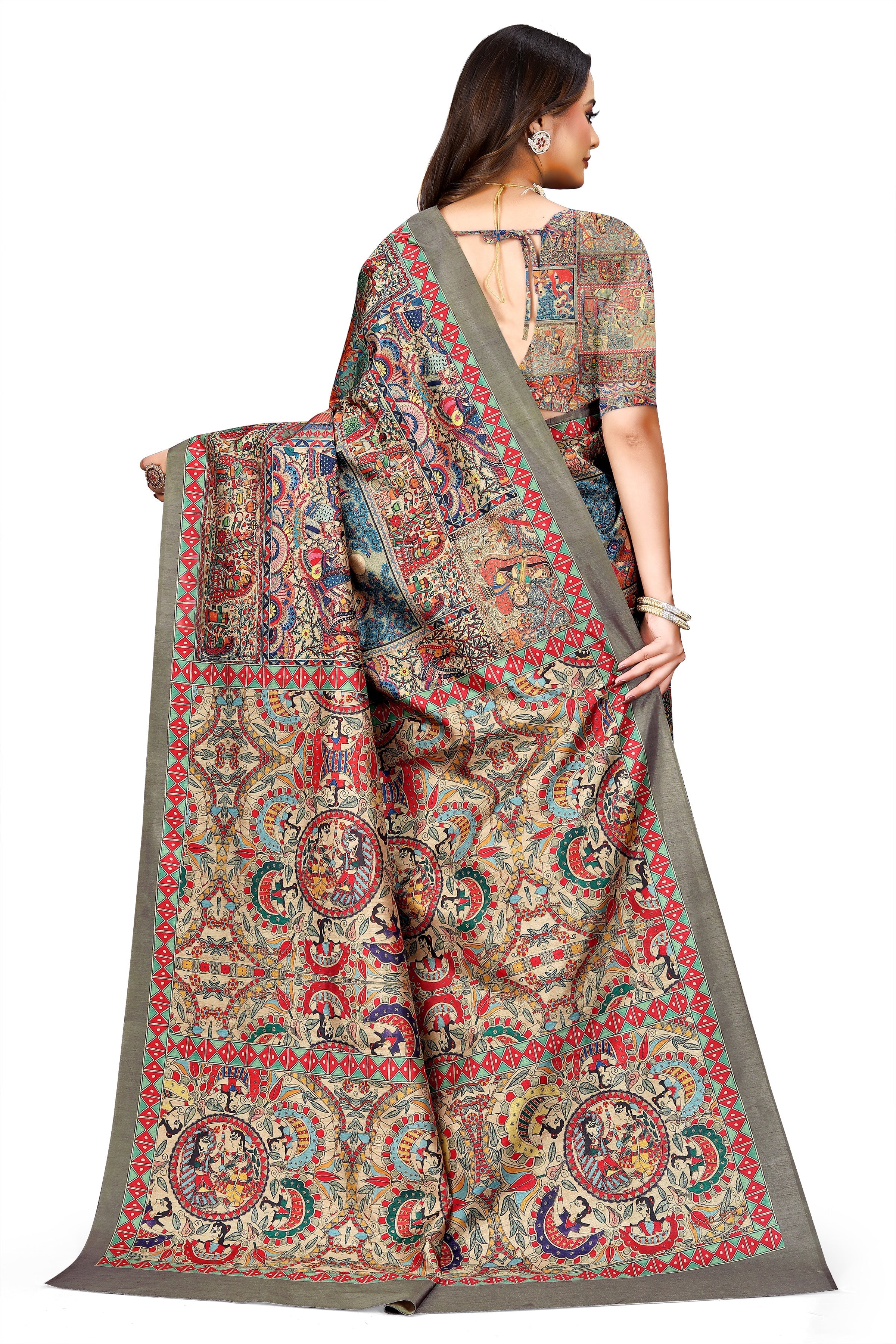 Madhubani Print Manipuri Silk Saree for Women | Indian Ethnic Party & Casual Wear | Unstitched Blouse Included Brown