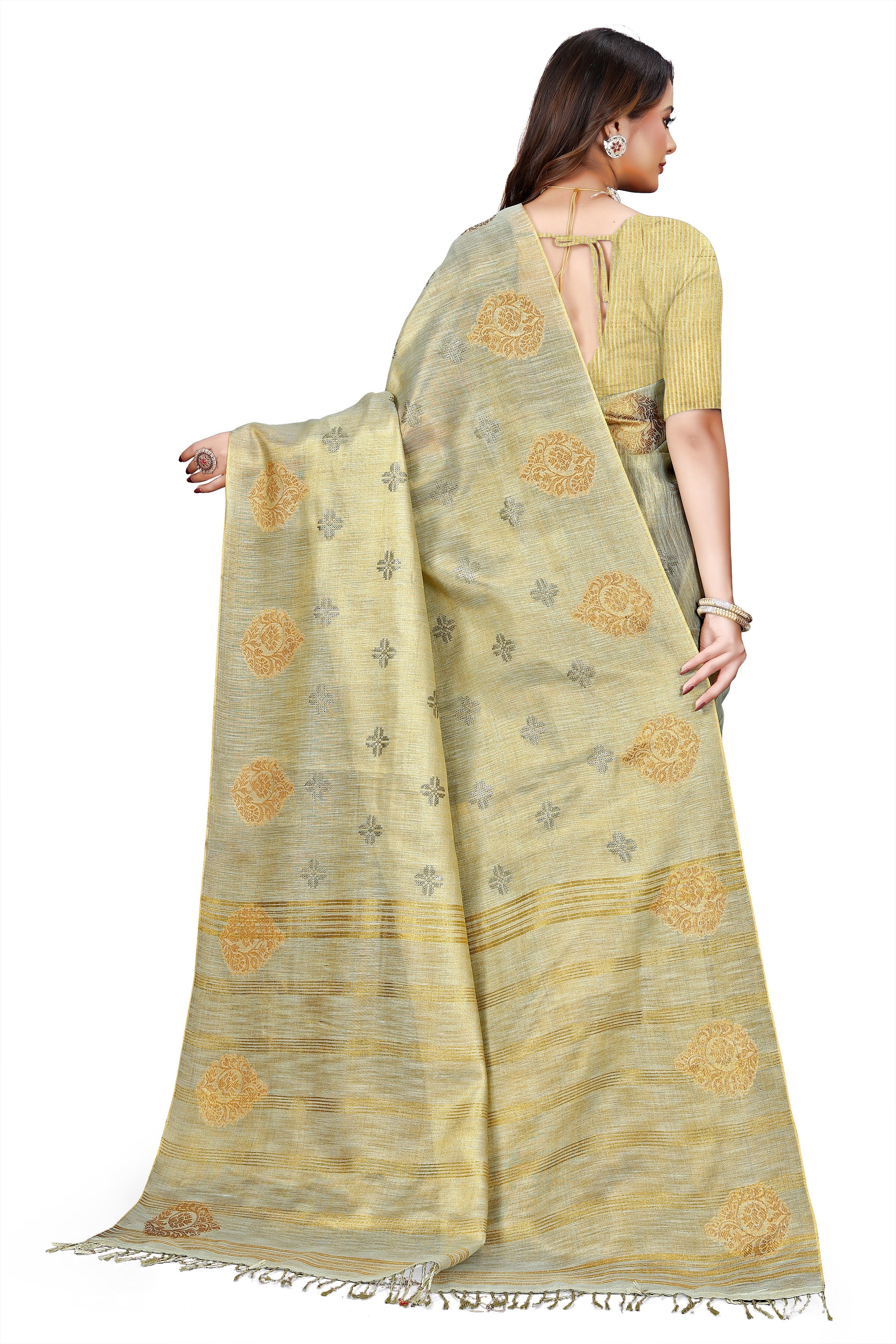 OWLSKY, SASSY & STYLO Women's Elegant Linen Weaving Saree with Unstitched Blouse Piece Light Gold