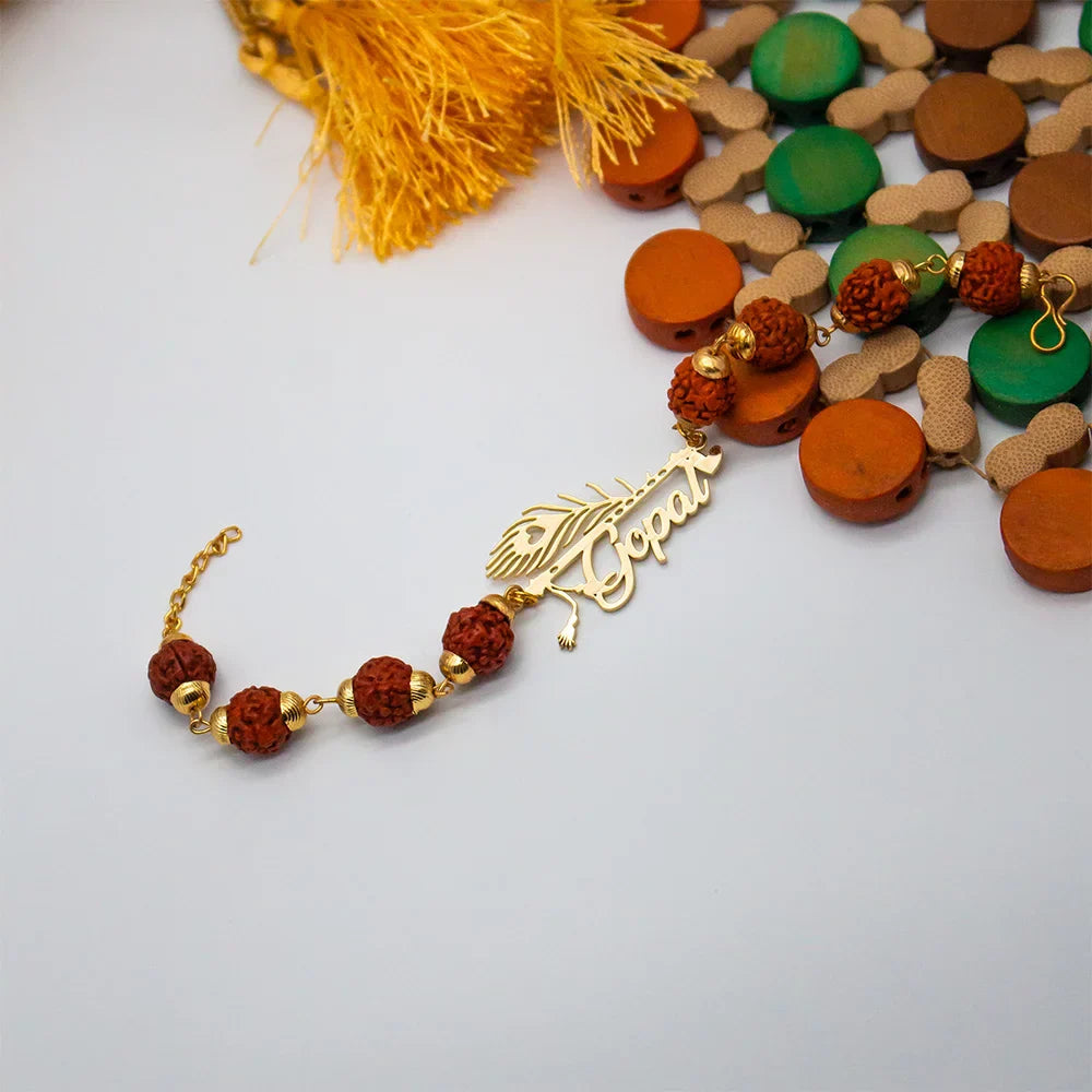 Personalized Rakhi - Rudraksha Bracelet with Morpankh Design