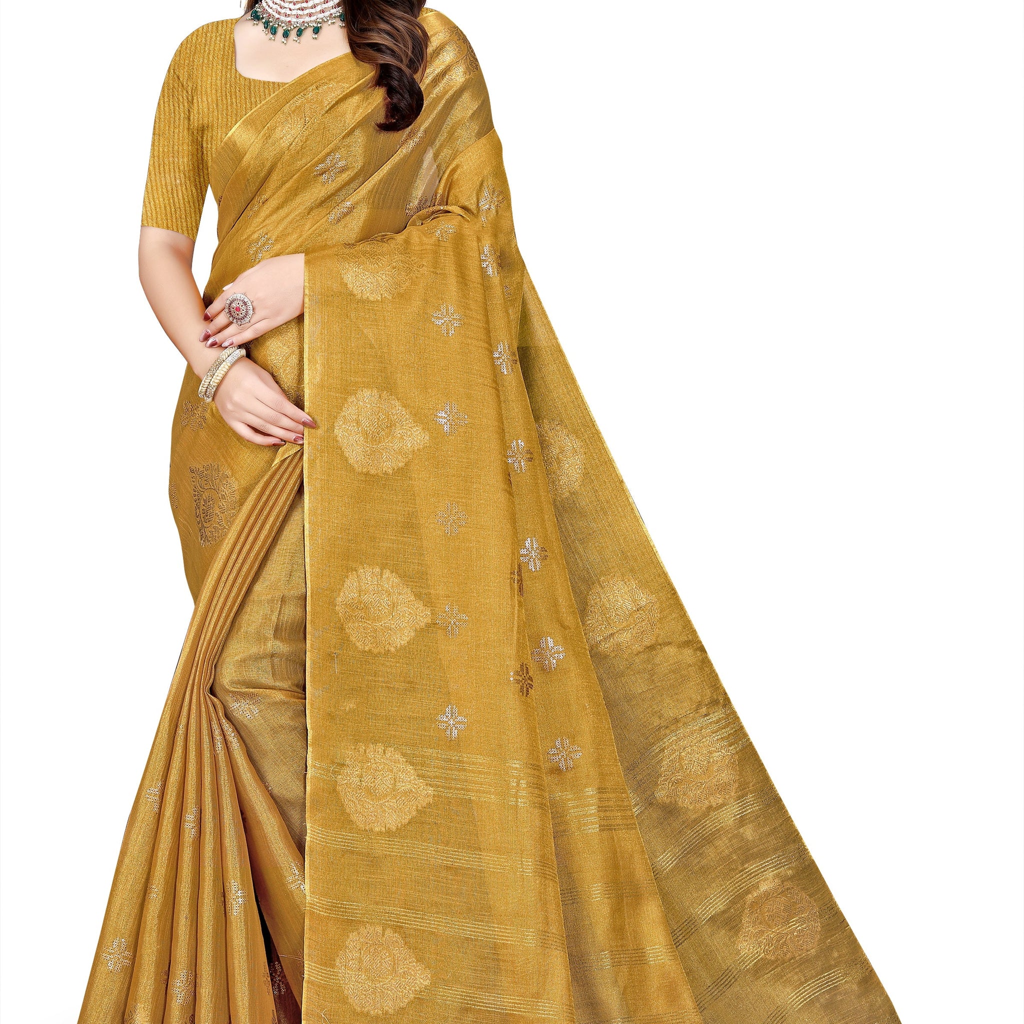 OWLSKY, SASSY & STYLO Women's Elegant Linen Weaving Saree with Unstitched Blouse Piece Yellow