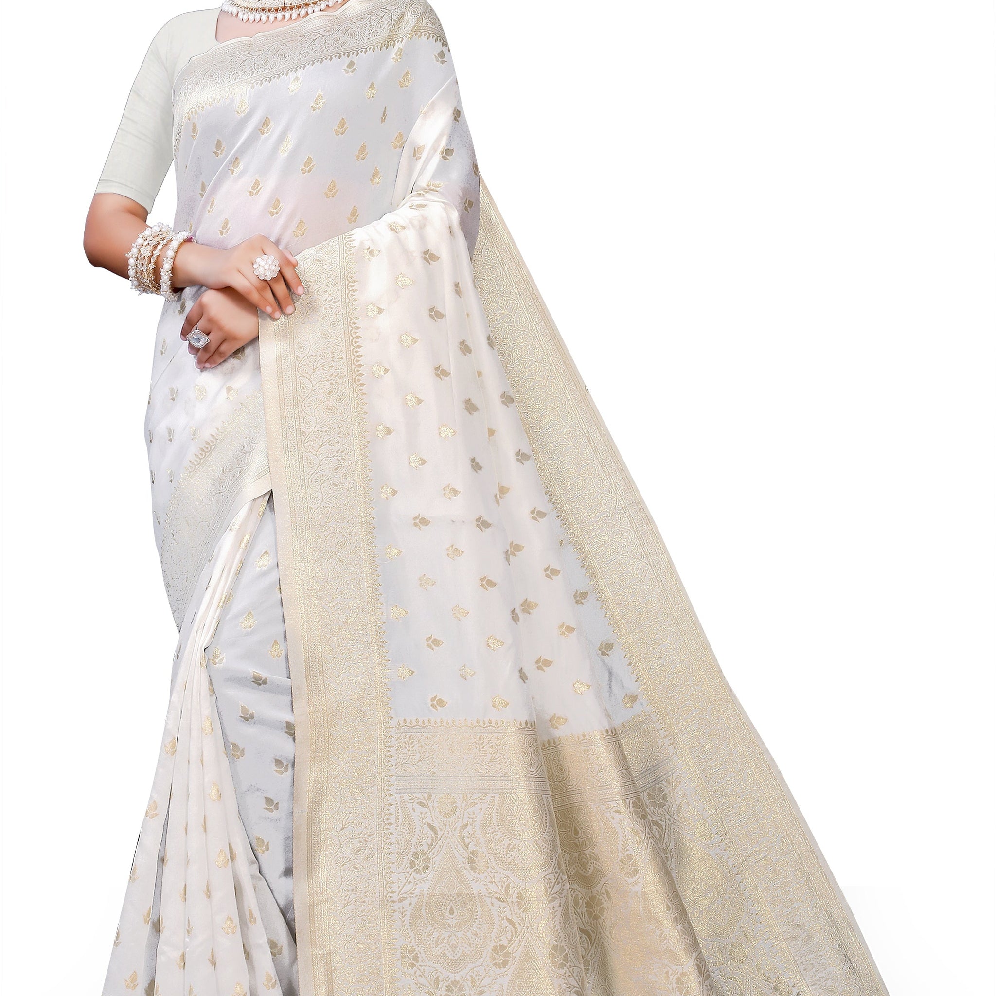 Owlsky Women's Kanjivaram Silk Saree Soft Banarasi Style with Golden & Silver Zari Border | Elegant Silk Look Saree with Unstitched Blouse Piece Off White