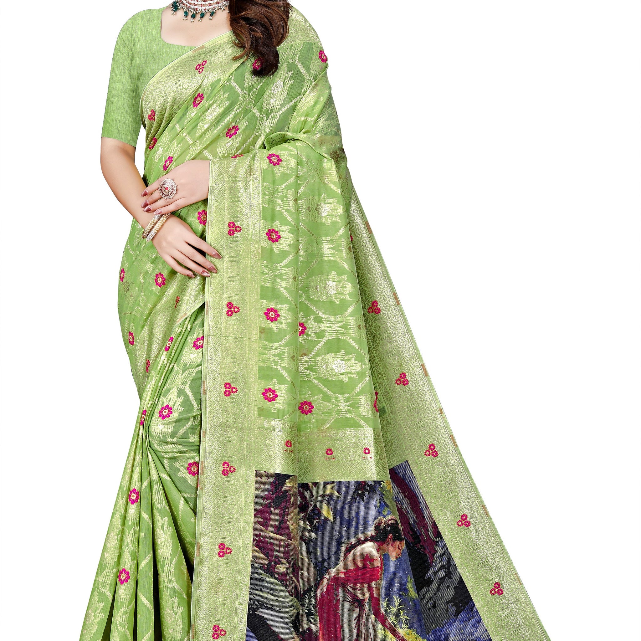 OWLSKY, SASSY & STYLO Jacquard Saree for Women | Elegant Weaving Work | Jacquard Silk Saree with Unstitched Blouse for Women | Unique Digital Pallu Art Green