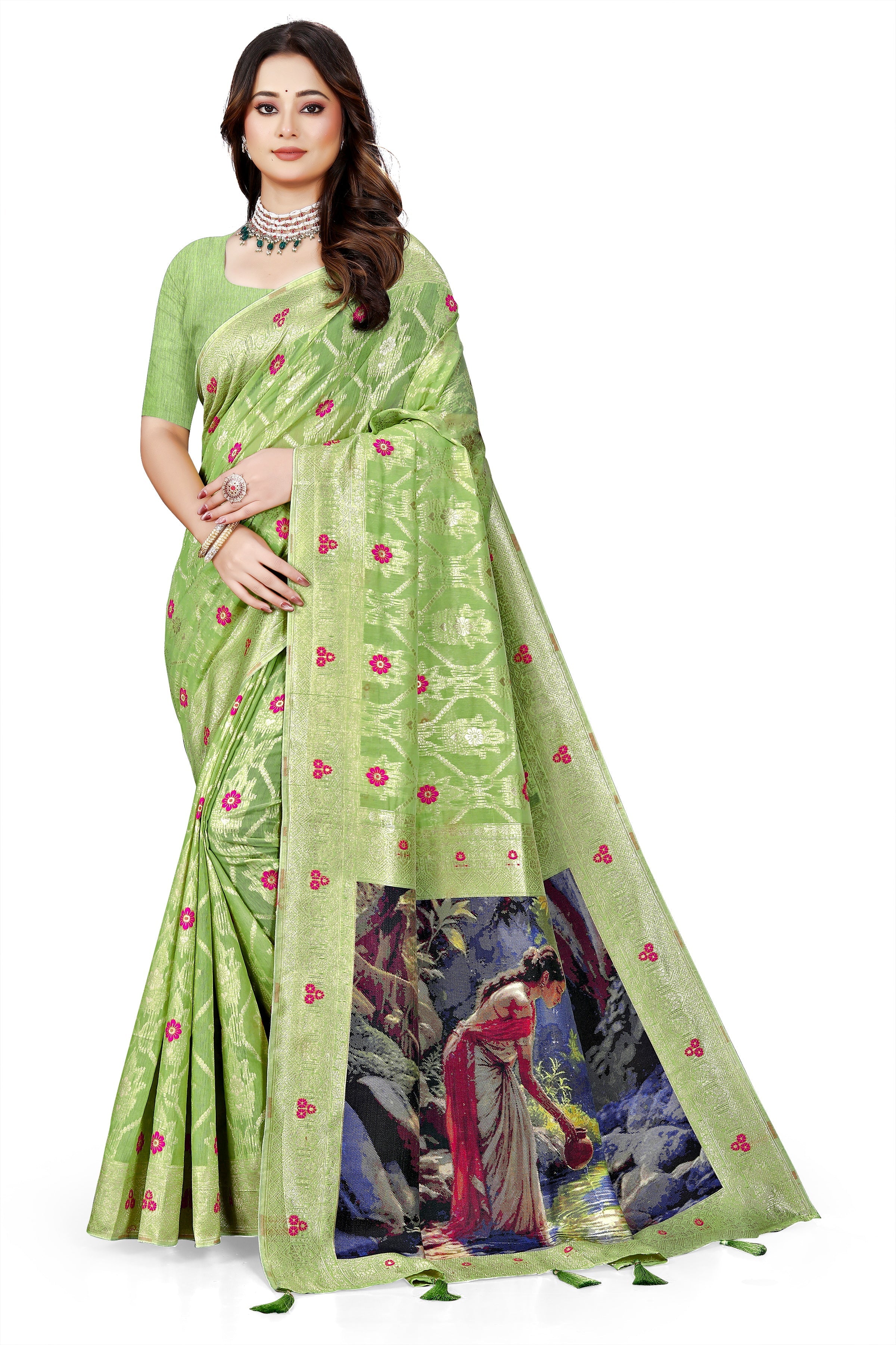 OWLSKY, SASSY & STYLO Jacquard Saree for Women | Elegant Weaving Work | Jacquard Silk Saree with Unstitched Blouse for Women | Unique Digital Pallu Art Green