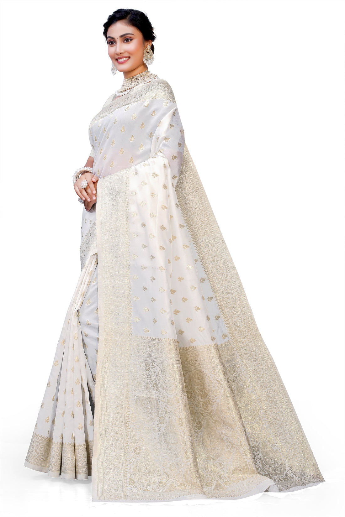 Owlsky Women's Kanjivaram Silk Saree Soft Banarasi Style with Golden & Silver Zari Border | Elegant Silk Look Saree with Unstitched Blouse Piece Off White