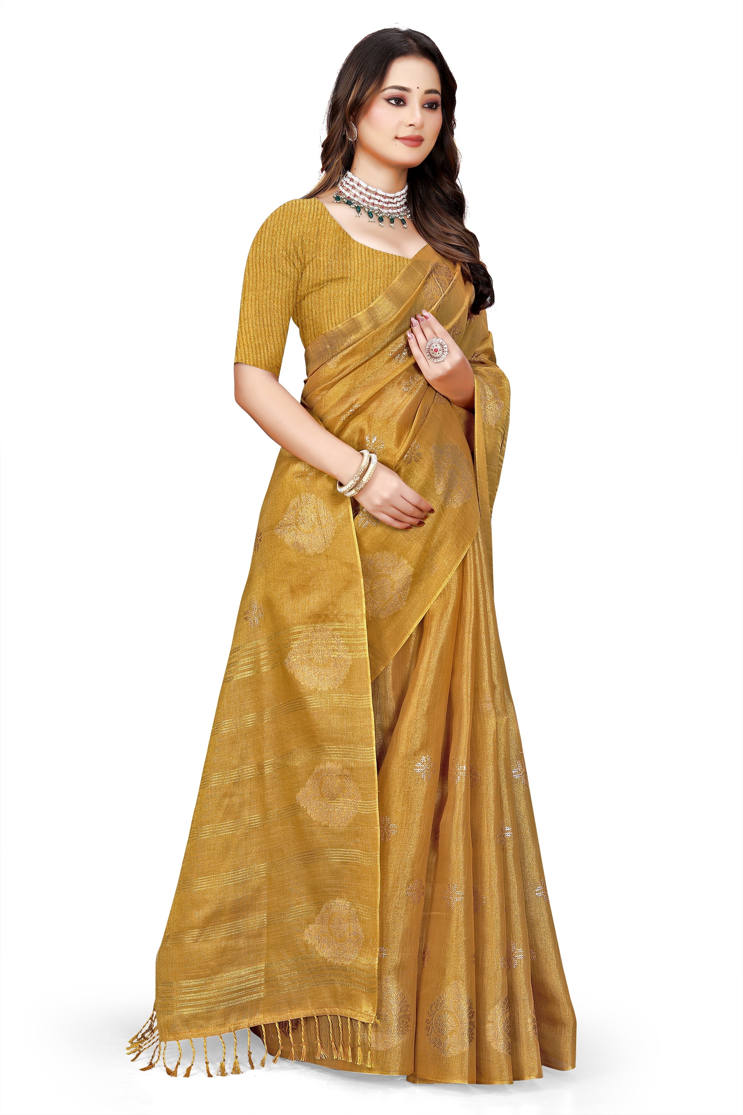 OWLSKY, SASSY & STYLO Women's Elegant Linen Weaving Saree with Unstitched Blouse Piece Yellow