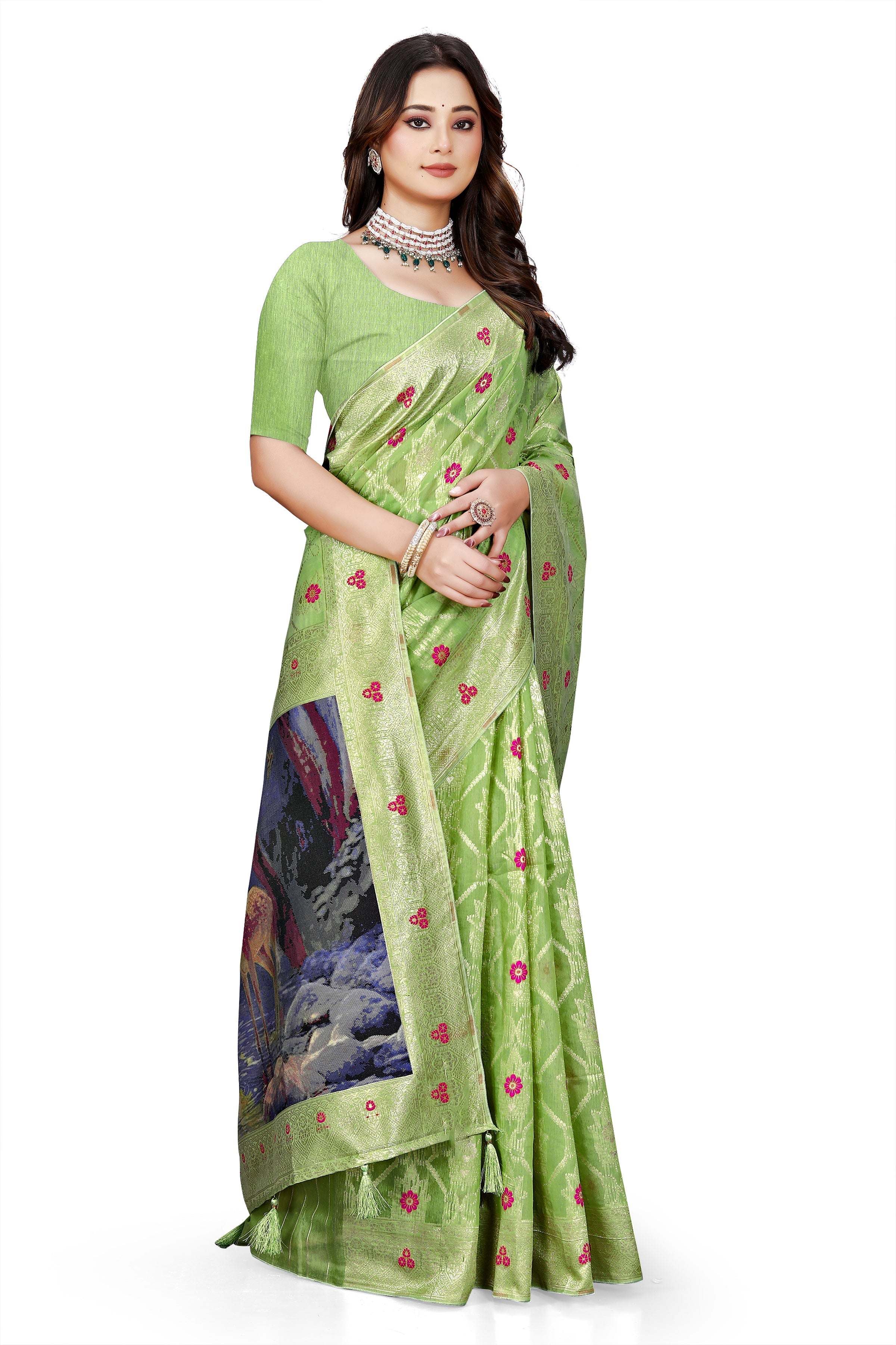 OWLSKY, SASSY & STYLO Jacquard Saree for Women | Elegant Weaving Work | Jacquard Silk Saree with Unstitched Blouse for Women | Unique Digital Pallu Art Green