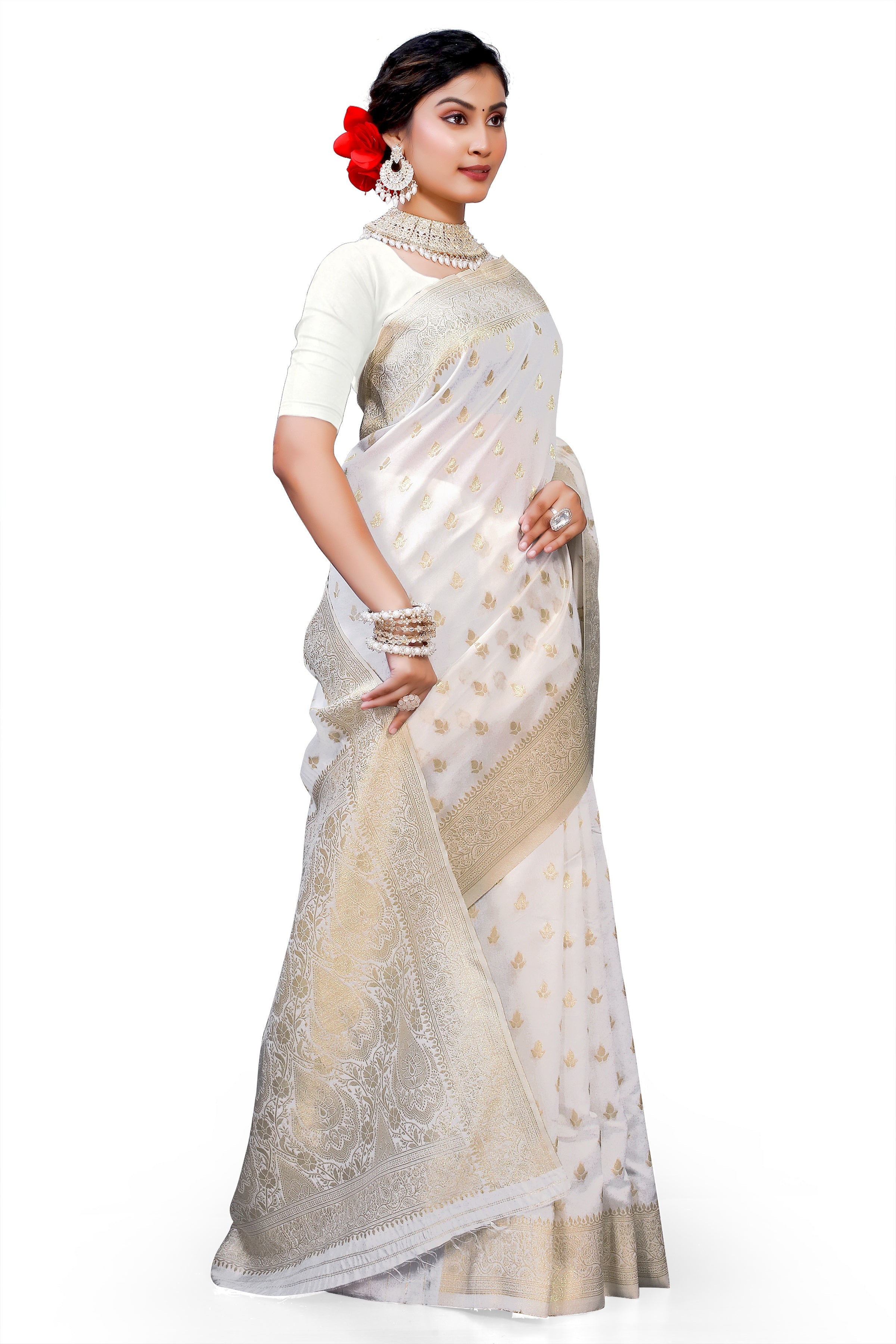 Owlsky Women's Kanjivaram Silk Saree Soft Banarasi Style with Golden & Silver Zari Border | Elegant Silk Look Saree with Unstitched Blouse Piece Off White