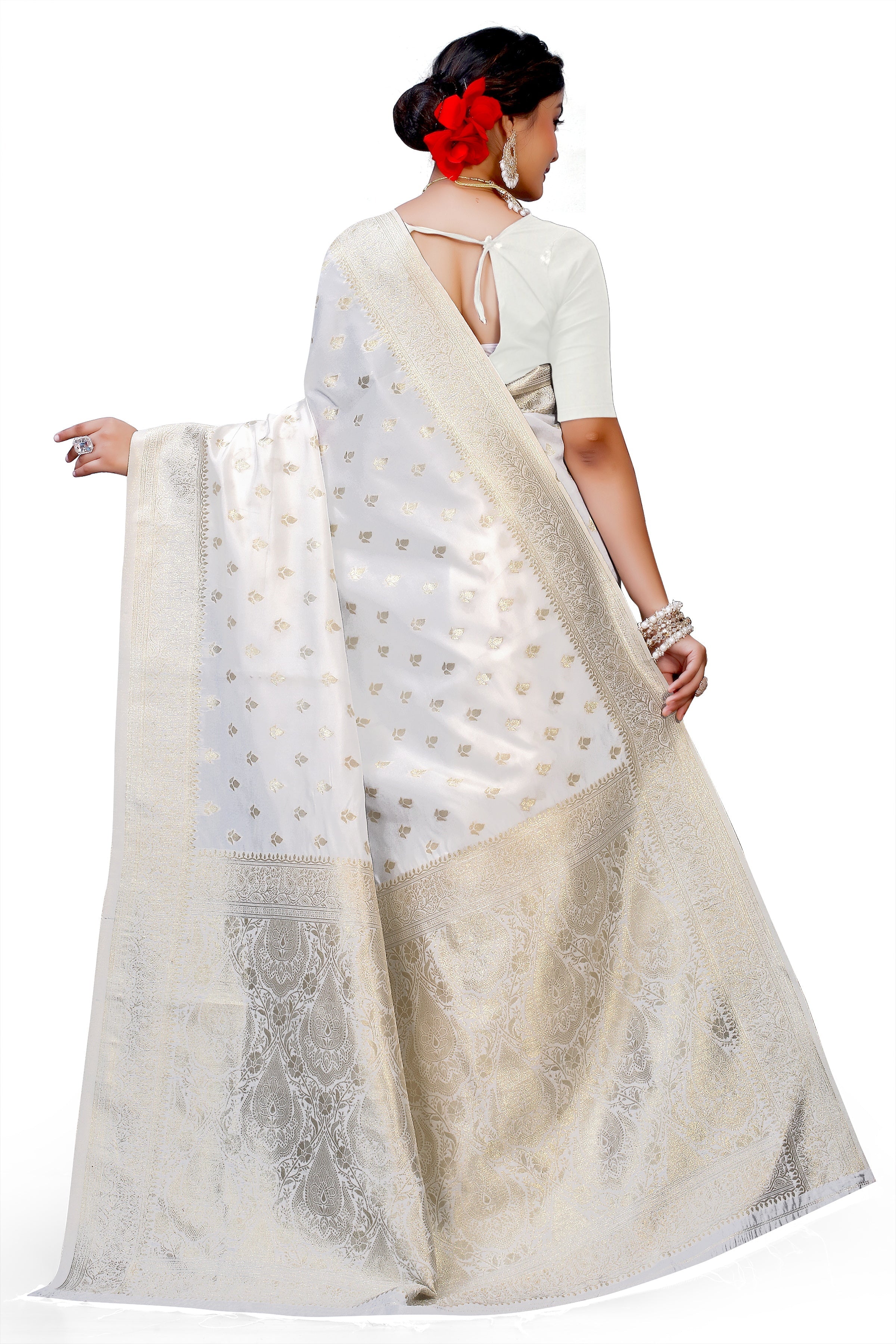 Owlsky Women's Kanjivaram Silk Saree Soft Banarasi Style with Golden & Silver Zari Border | Elegant Silk Look Saree with Unstitched Blouse Piece Off White