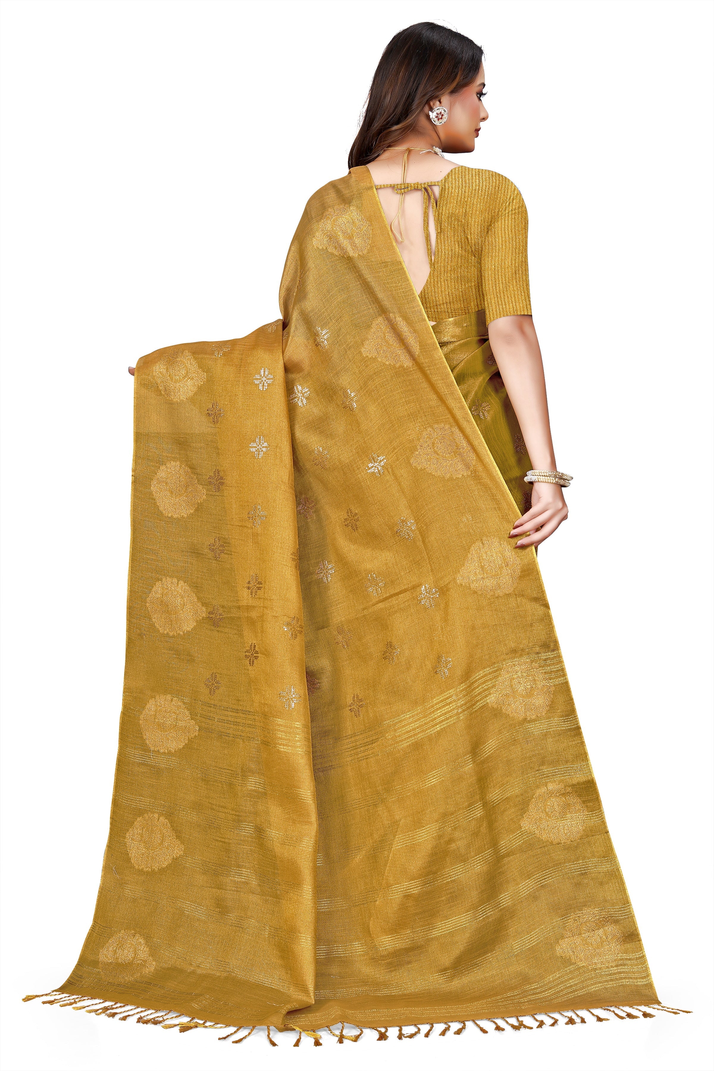 OWLSKY, SASSY & STYLO Women's Elegant Linen Weaving Saree with Unstitched Blouse Piece Yellow