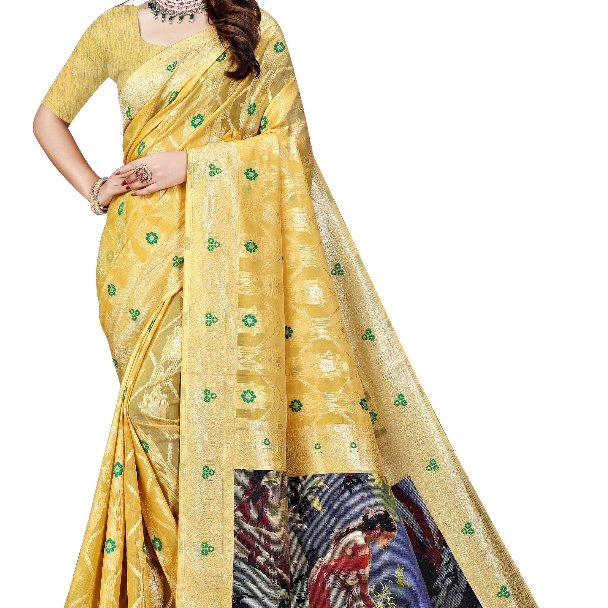 OWLSKY, SASSY & STYLO Jacquard Saree for Women | Elegant Weaving Work | Jacquard Silk Saree with Unstitched Blouse for Women | Unique Digital Pallu Art Yellow