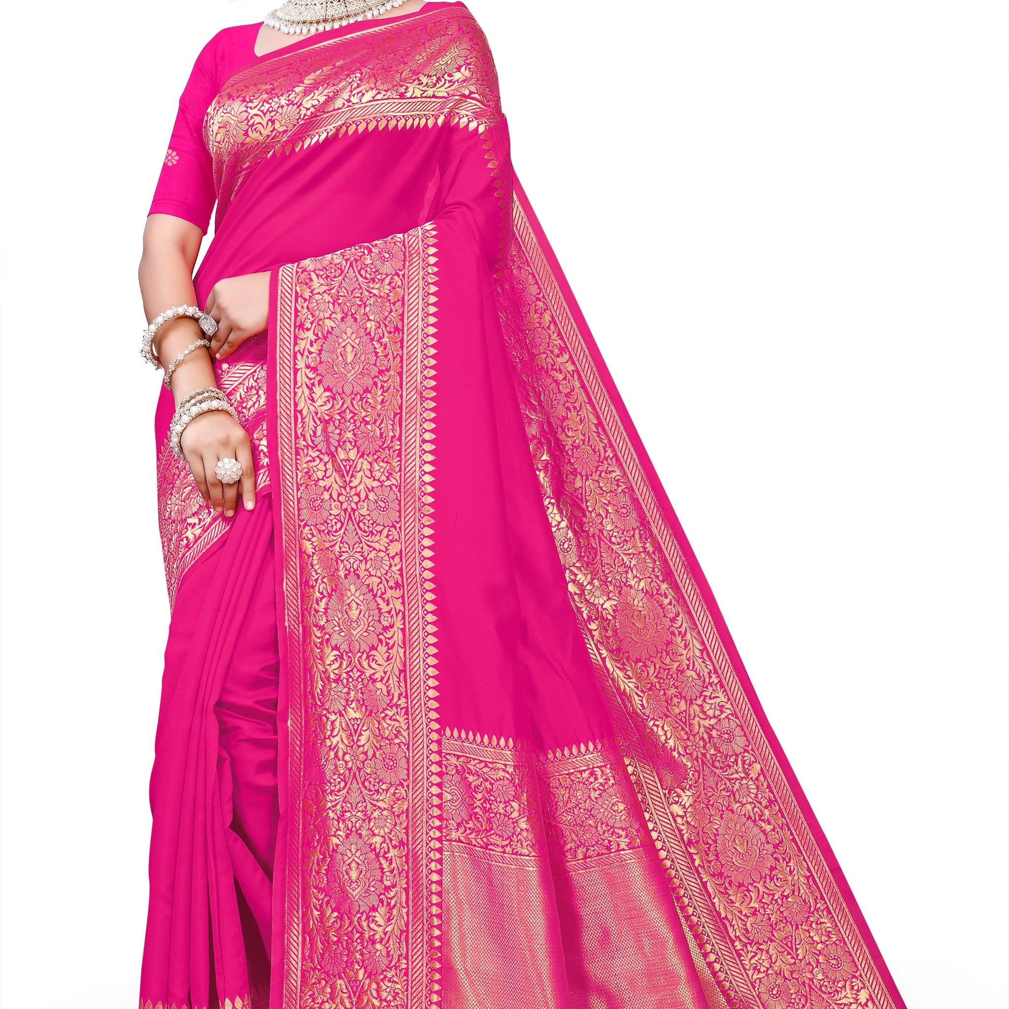 Owlsky Kanjivaram Cotton Silk Saree for Women with Zari Border | Traditional Indian Saree with Unstitched Blouse Piece | Lightweight Festival Wear Saree | Elegant Soft Cotton Silk Saree Rani Pink