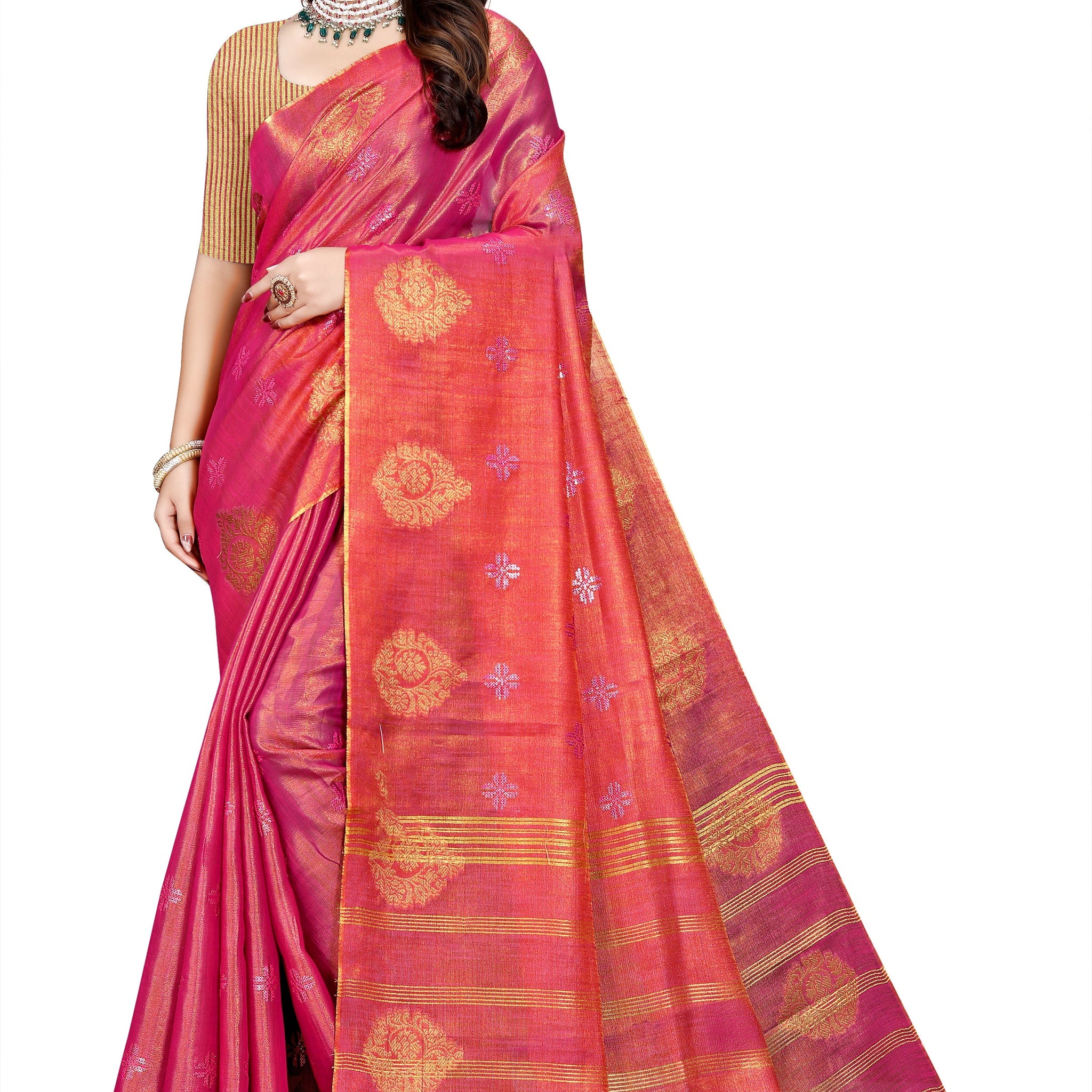 OWLSKY, SASSY & STYLO Women's Elegant Linen Weaving Saree with Unstitched Blouse Piece Rani Pink