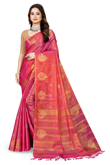 OWLSKY, SASSY & STYLO Women's Elegant Linen Weaving Saree with Unstitched Blouse Piece Rani Pink