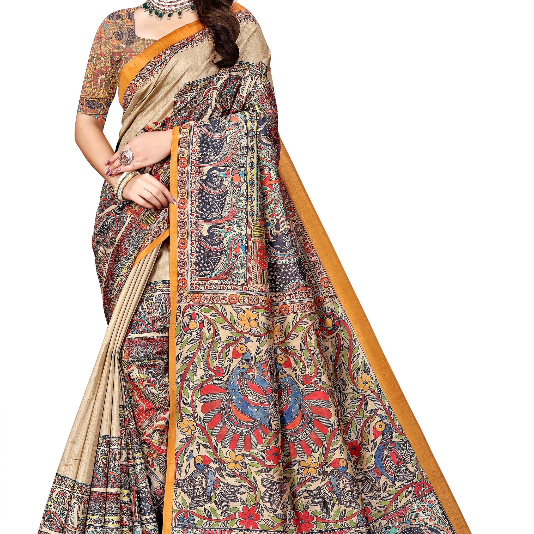 Madhubani Print Manipuri Silk Saree for Women | Indian Ethnic Party & Casual Wear | Unstitched Blouse Included Orange