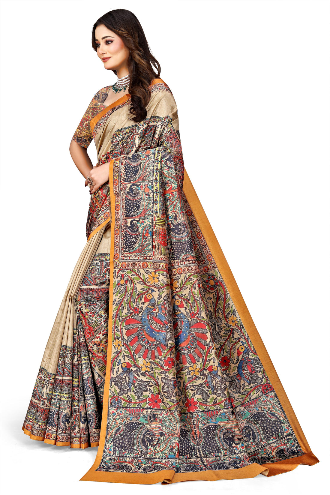 Madhubani Print Manipuri Silk Saree for Women | Indian Ethnic Party & Casual Wear | Unstitched Blouse Included Orange