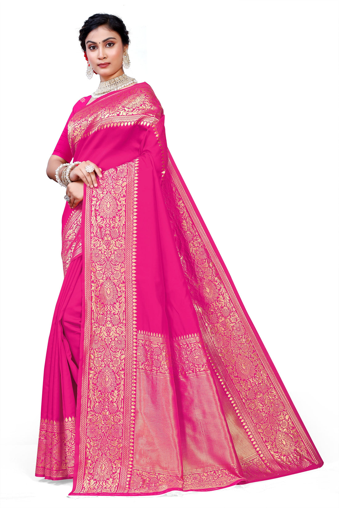 Owlsky Kanjivaram Cotton Silk Saree for Women with Zari Border | Traditional Indian Saree with Unstitched Blouse Piece | Lightweight Festival Wear Saree | Elegant Soft Cotton Silk Saree Rani Pink