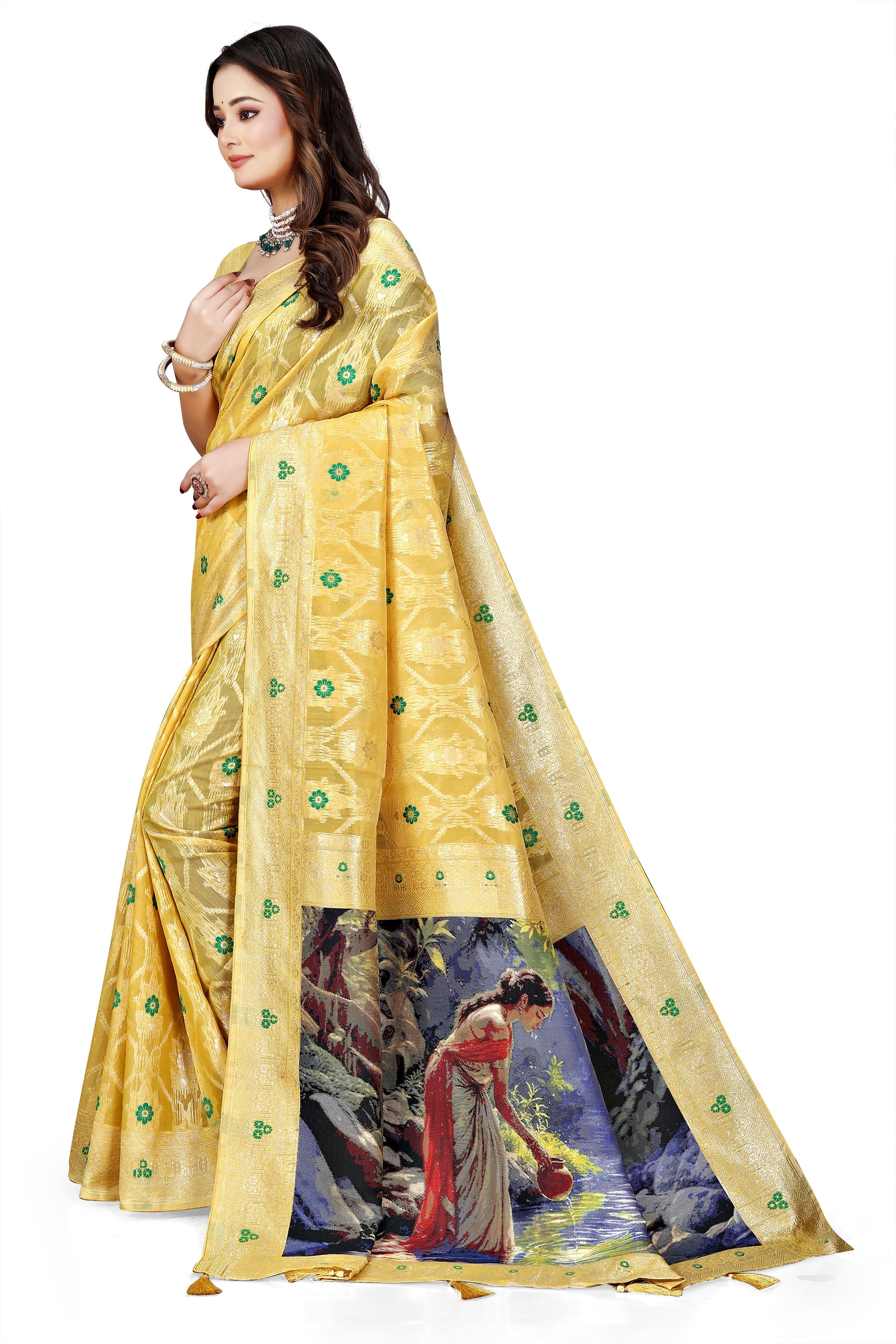 OWLSKY, SASSY & STYLO Jacquard Saree for Women | Elegant Weaving Work | Jacquard Silk Saree with Unstitched Blouse for Women | Unique Digital Pallu Art Yellow