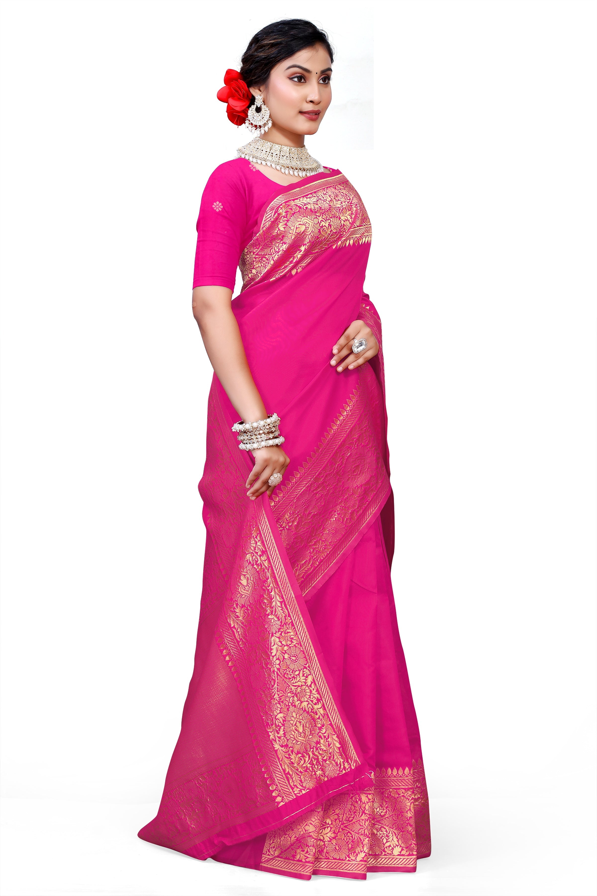 Owlsky Kanjivaram Cotton Silk Saree for Women with Zari Border | Traditional Indian Saree with Unstitched Blouse Piece | Lightweight Festival Wear Saree | Elegant Soft Cotton Silk Saree Rani Pink