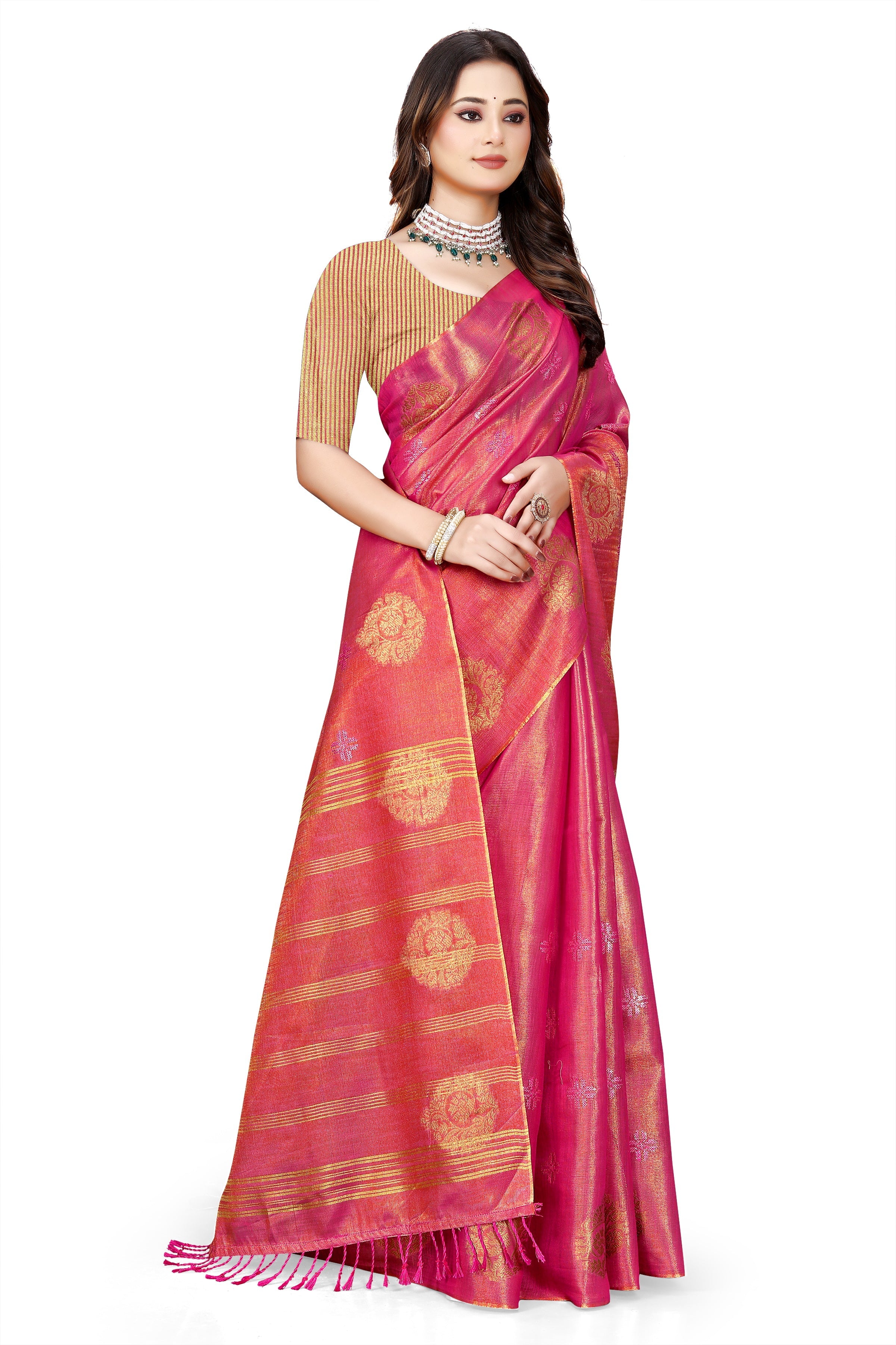 OWLSKY, SASSY & STYLO Women's Elegant Linen Weaving Saree with Unstitched Blouse Piece Rani Pink
