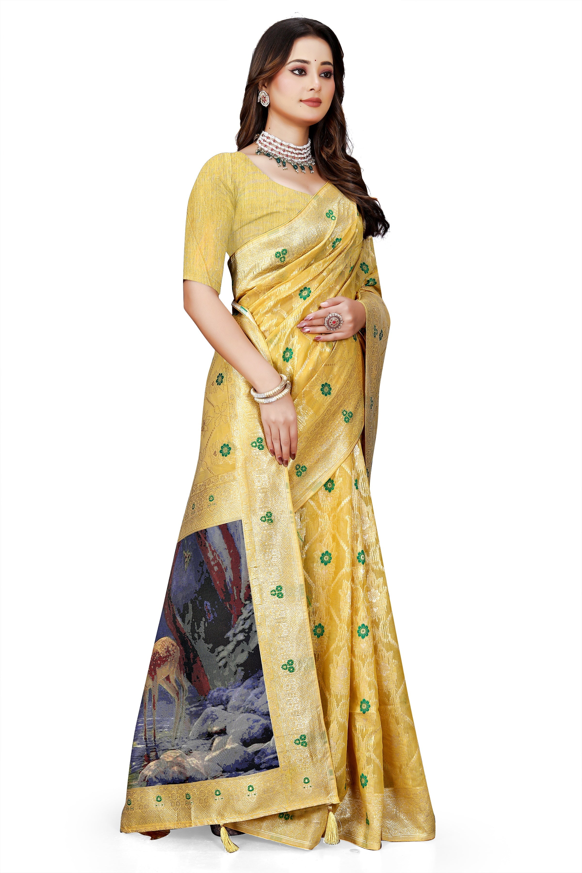 OWLSKY, SASSY & STYLO Jacquard Saree for Women | Elegant Weaving Work | Jacquard Silk Saree with Unstitched Blouse for Women | Unique Digital Pallu Art Yellow