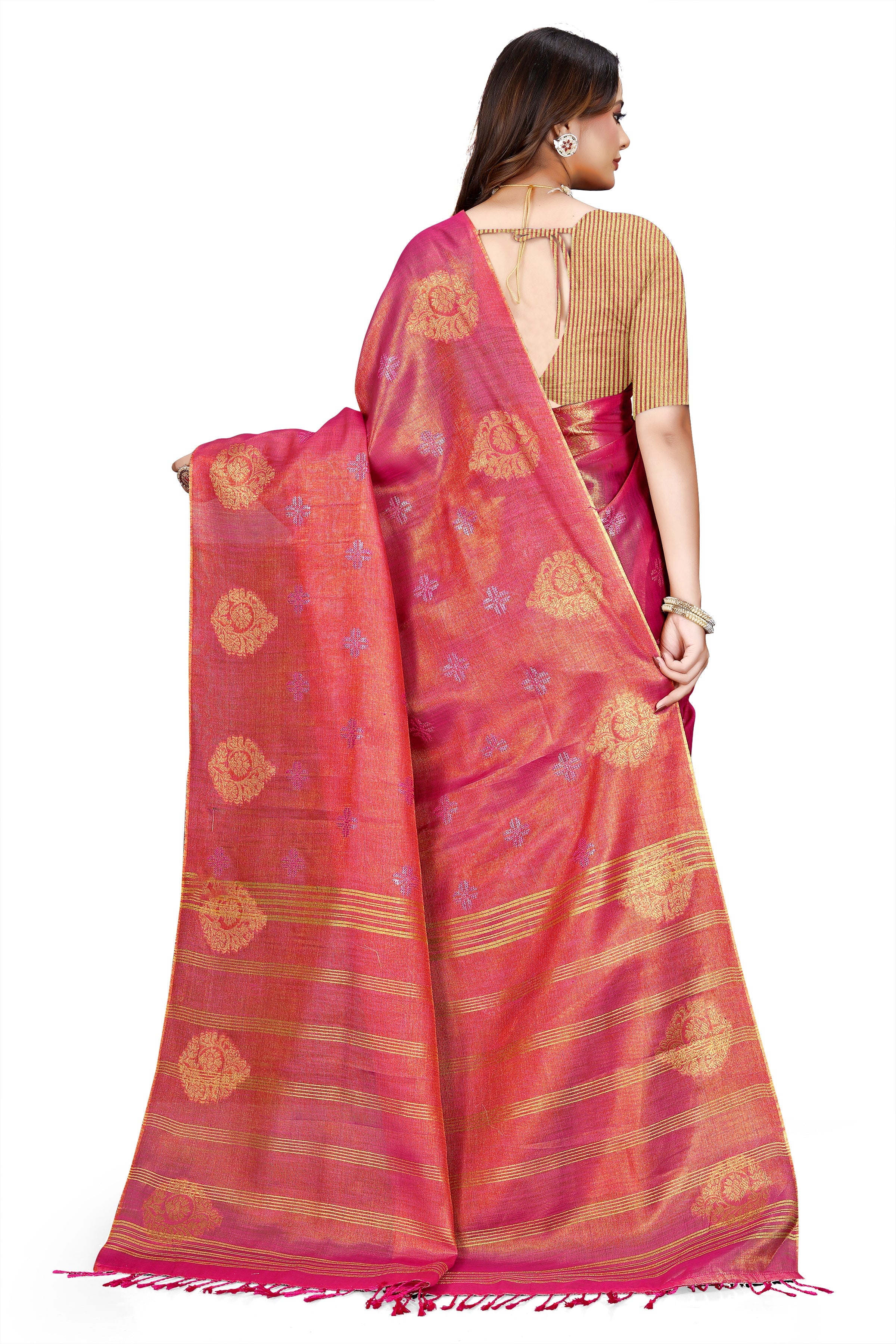 OWLSKY, SASSY & STYLO Women's Elegant Linen Weaving Saree with Unstitched Blouse Piece Rani Pink