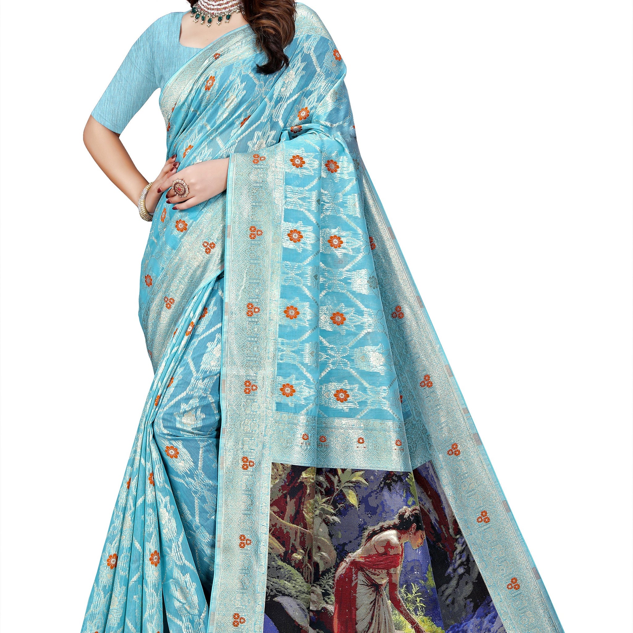 OWLSKY, SASSY & STYLO Jacquard Saree for Women | Elegant Weaving Work | Jacquard Silk Saree with Unstitched Blouse for Women | Unique Digital Pallu Art Yellow Sea Blue