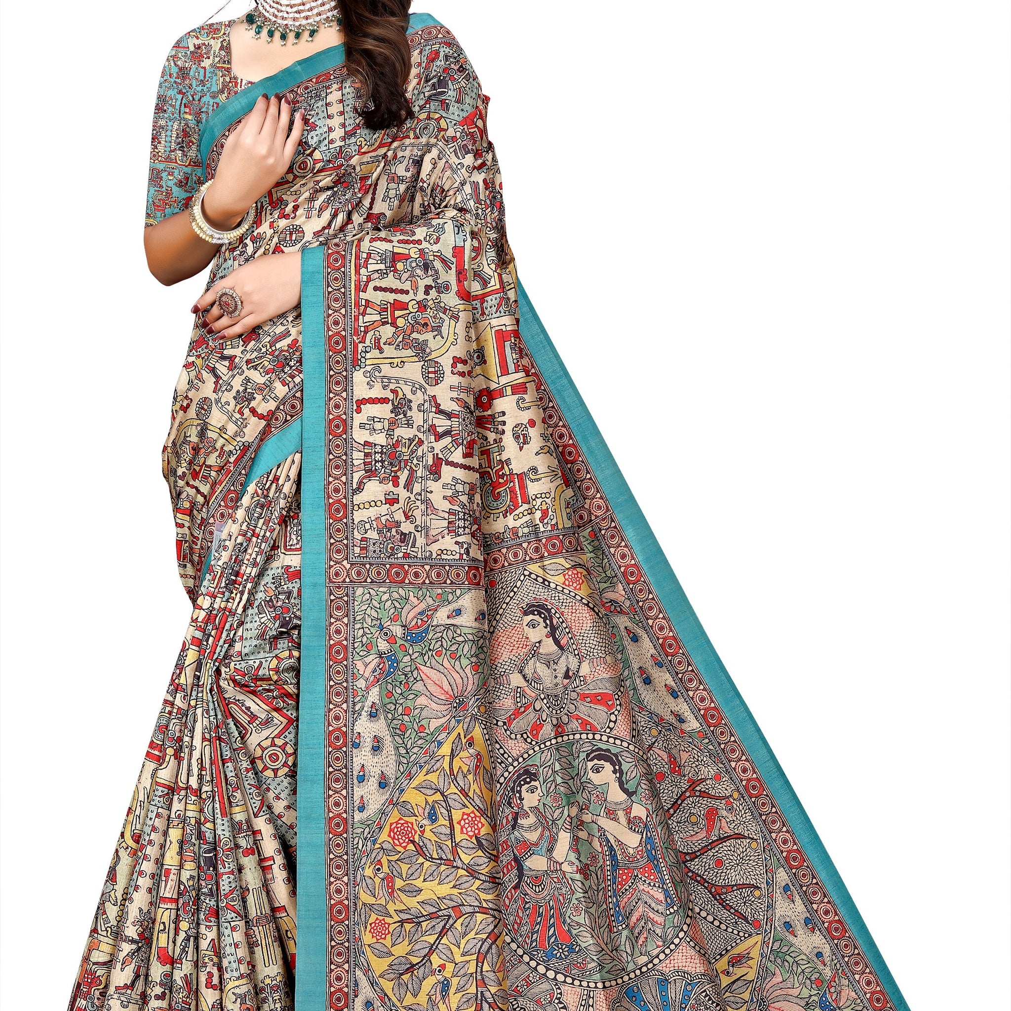 Madhubani Print Manipuri Silk Saree for Women | Indian Ethnic Party & Casual Wear | Unstitched Blouse Included Blue