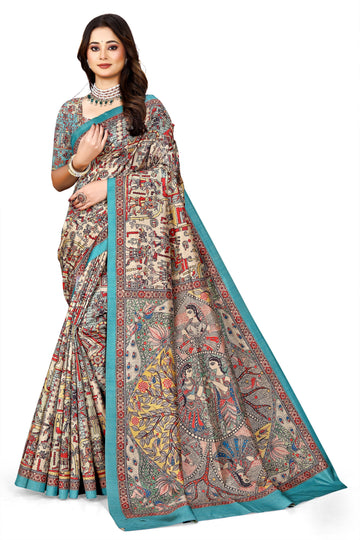 Madhubani Print Manipuri Silk Saree for Women | Indian Ethnic Party & Casual Wear | Unstitched Blouse Included Blue