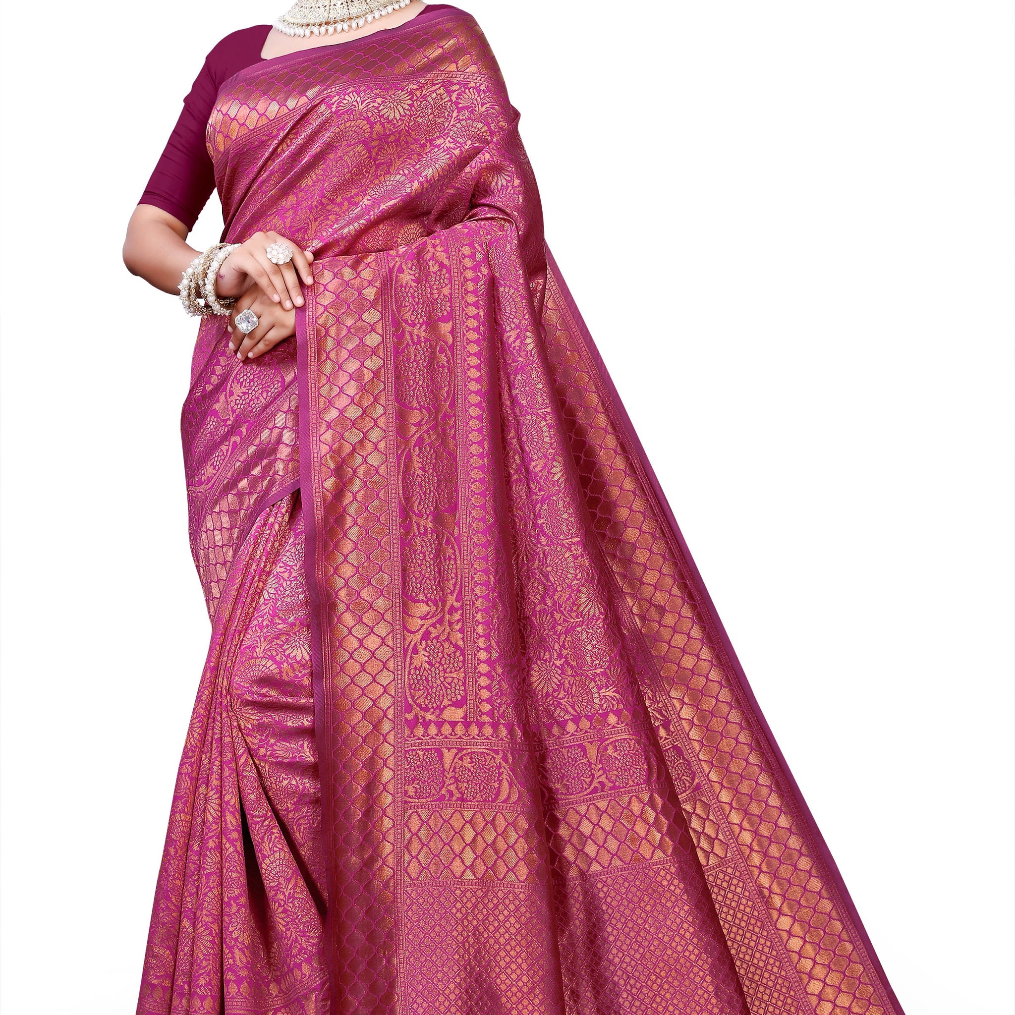 Owl Sky Kanjivaram Cotton Silk Saree for Women with Zari Border | Traditional Indian Saree with Unstitched Blouse Piece | Lightweight Festival Wear Saree | Elegant Soft Cotton Silk Saree Magenta